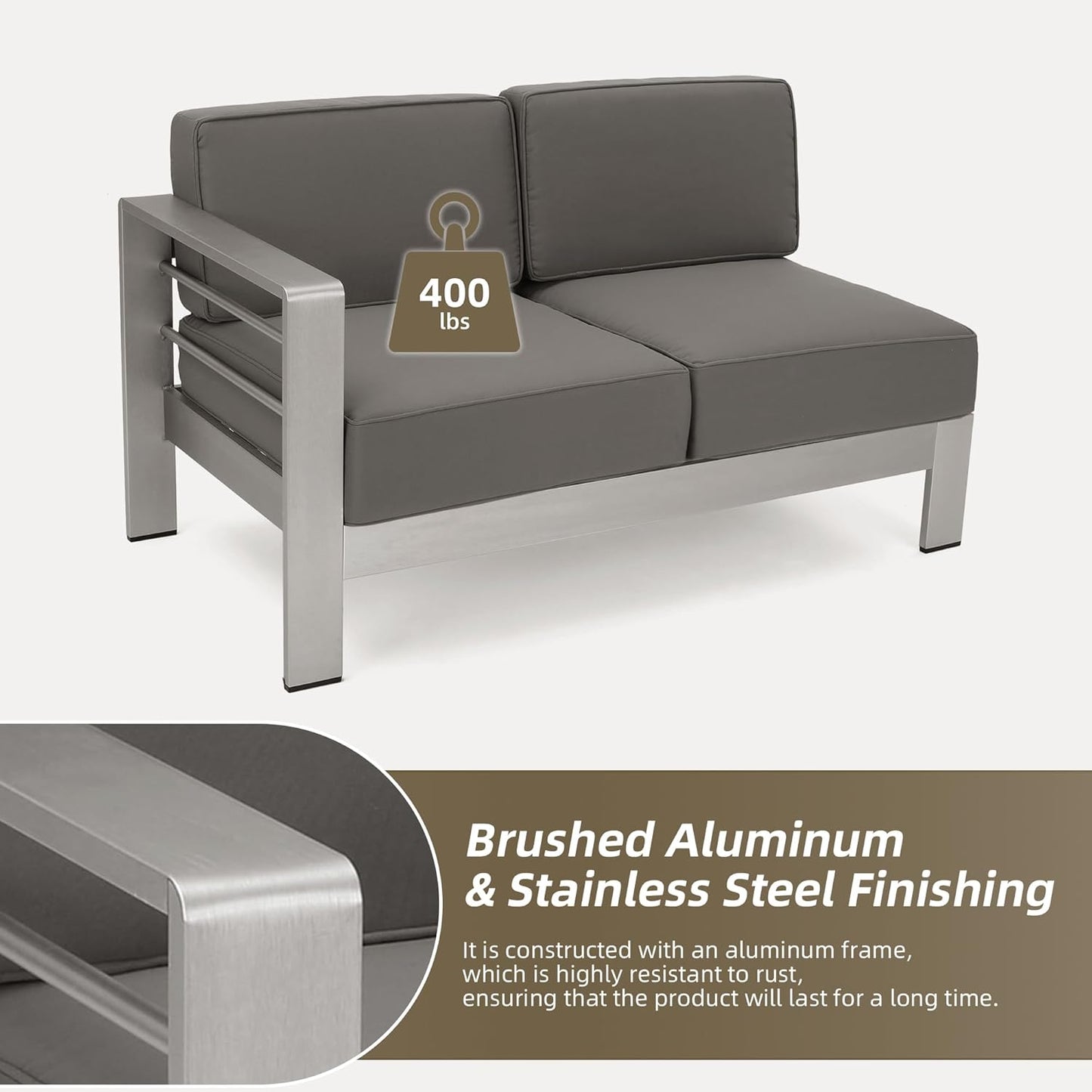 Outdoor Aluminum Furniture Set, 4-Person Patio Sectional Conversation Sofa Set, L-Shaped Outdoor Sectional Sofa with Cushions for Patios, Poolsides, Gardens (Khaki, Silver+Grey)