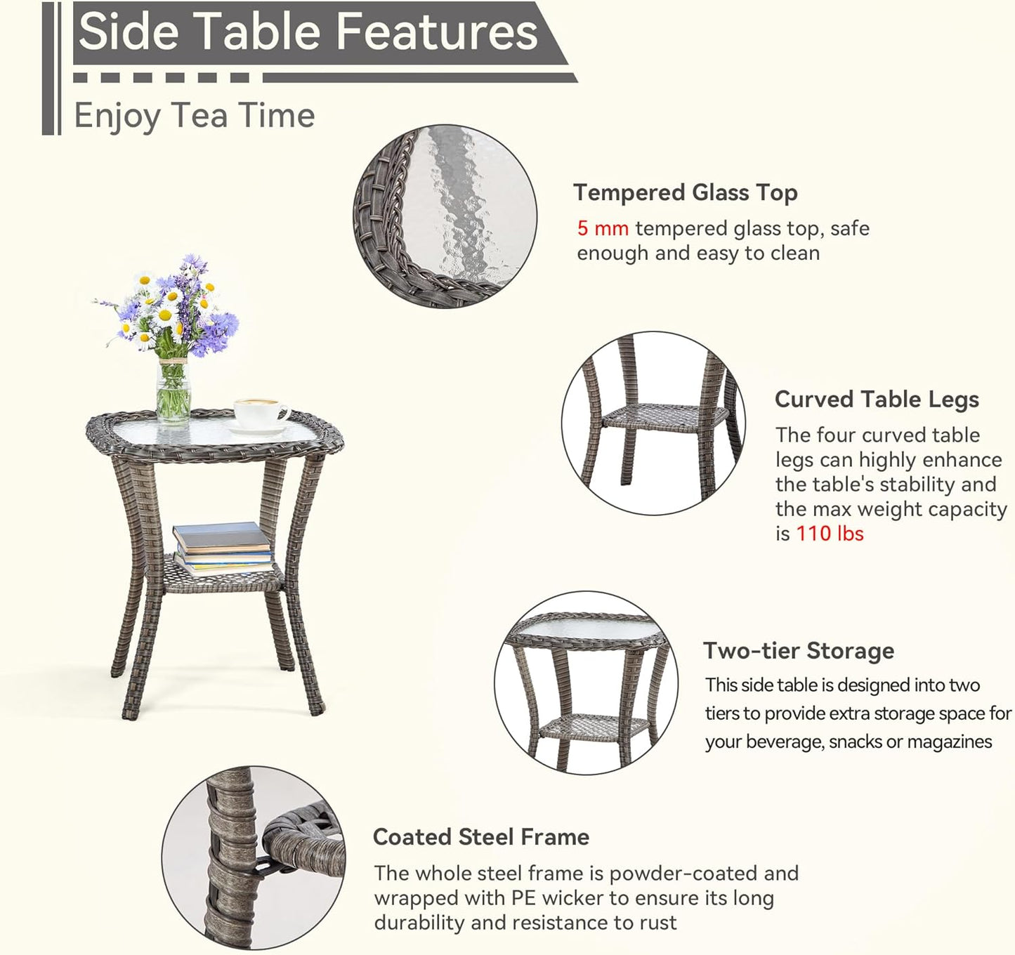 3 Piece Outdoor Rocking Chair Bistro Set, Wicker Patio Furniture Set Includes 2 Chiars and 1 Side Table, for Yard, Porch, Mixed Brown Grey Rattan, Blue