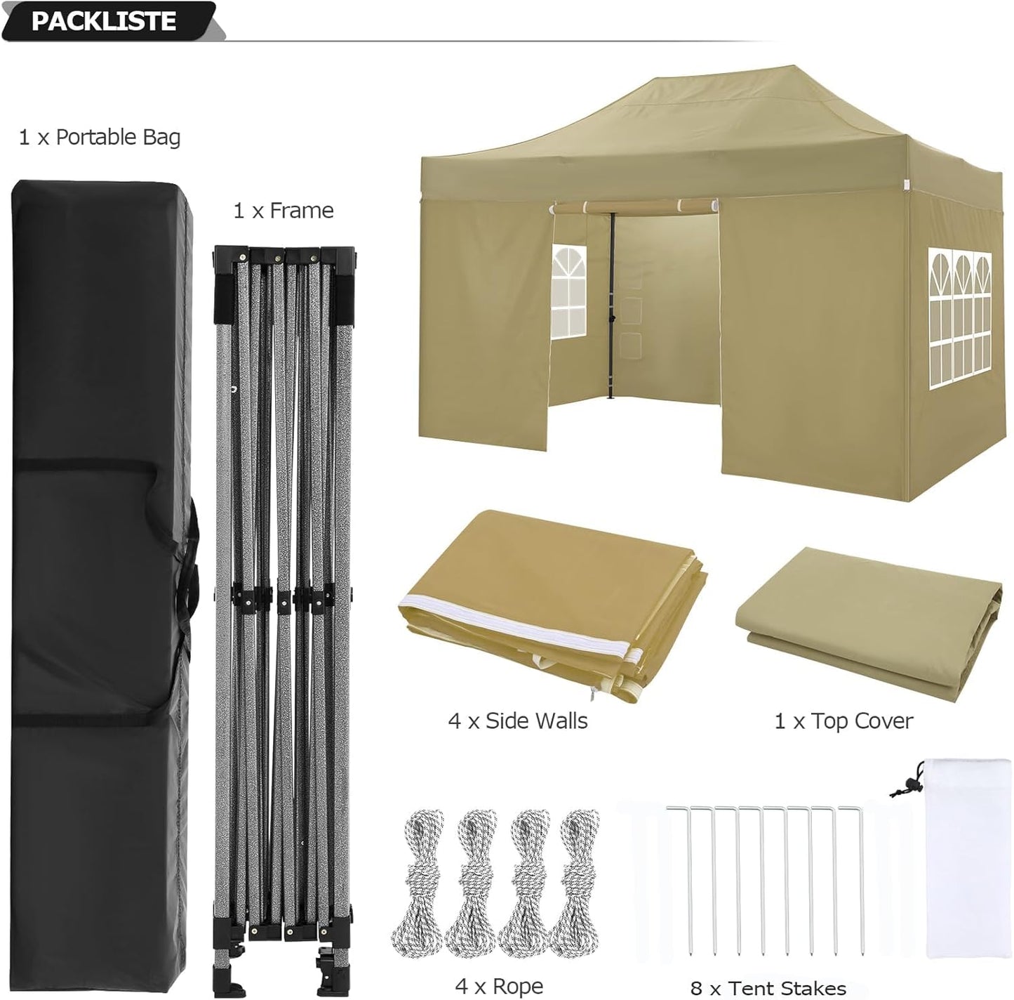 COBIZI 10x15 Pop Up Canopy with 4 Sidewall,Heavy Duty Canopy UPF 50+ All Season Wind Waterproof Commercial Outdoor Wedding Party Tents for Parties Gazebo with Carry Bag(10 x 15 ft Khaki)