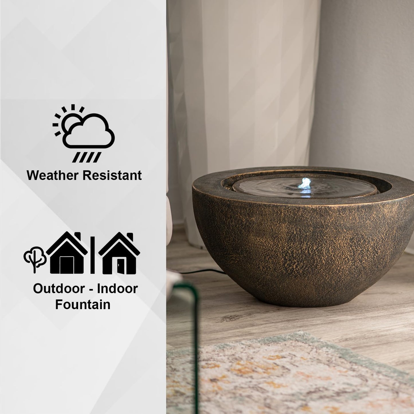 Xbrand 19.8"" W Round Polyresin Indoor/Outdoor Sphere Water Fountain w/LED Light, Garden Water Fountain, Water Bowl Fountain, Patio Water Fountain, Water Fountain Décor, Bronze, AMS3542-1
