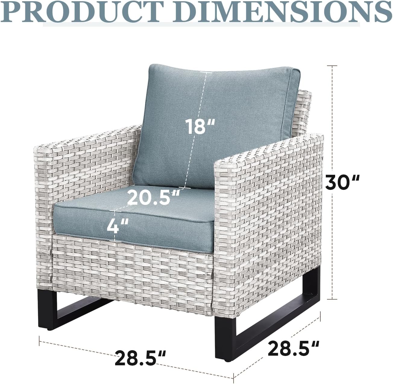 HUMMUH Outdoor Chairs PE Wicker Patio Dining Chairs Set of 2 Metal Frame Porch Chairs with 4 inch Seat Light Blue Cushions
