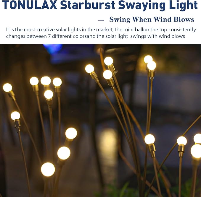 TONULAX Solar Garden Lights - Upgraded Solar Swaying Light, Sway by Wind, Outdoor Lights, Yard Patio Pathway Decoration, High Flexibility Iron Wire & Heavy Bulb Base, Warm White(8 Pack)
