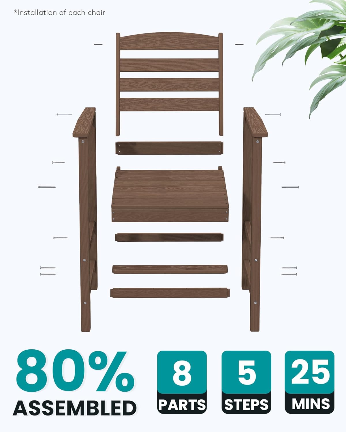 SERWALL Tall Adirondack Chairs Set of 2, Oversize Balcony Adirondack Chairs Set, Outdoor Bar Height Barstools Widened Chair Set for Bistro, Poolside, Garden, Brown