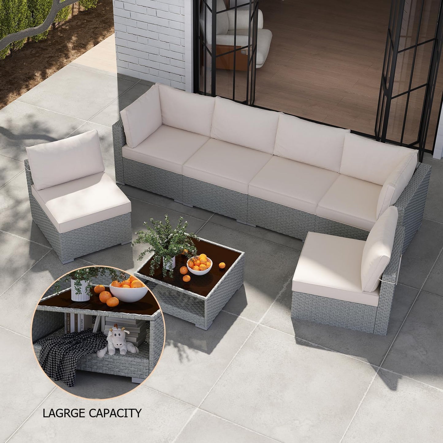 Patio Furniture Set 7-Piece, All-Weather Outdoor Conversation Set Sectional Sofa with Water Resistant Grey Thick Cushions and Coffee Table(Khaki)