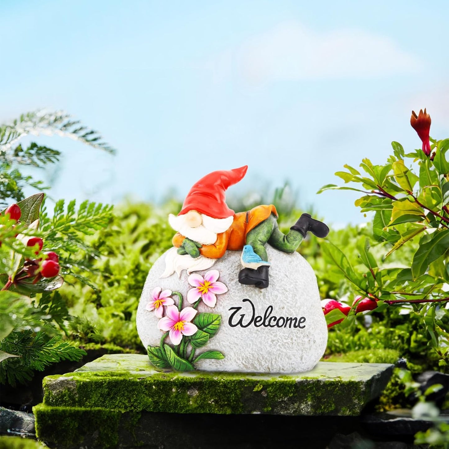 TZSSP Outdoor Garden Gnome Statue Statuary Welcome Stone for Patio,Lawn,Garden Decoration,Red