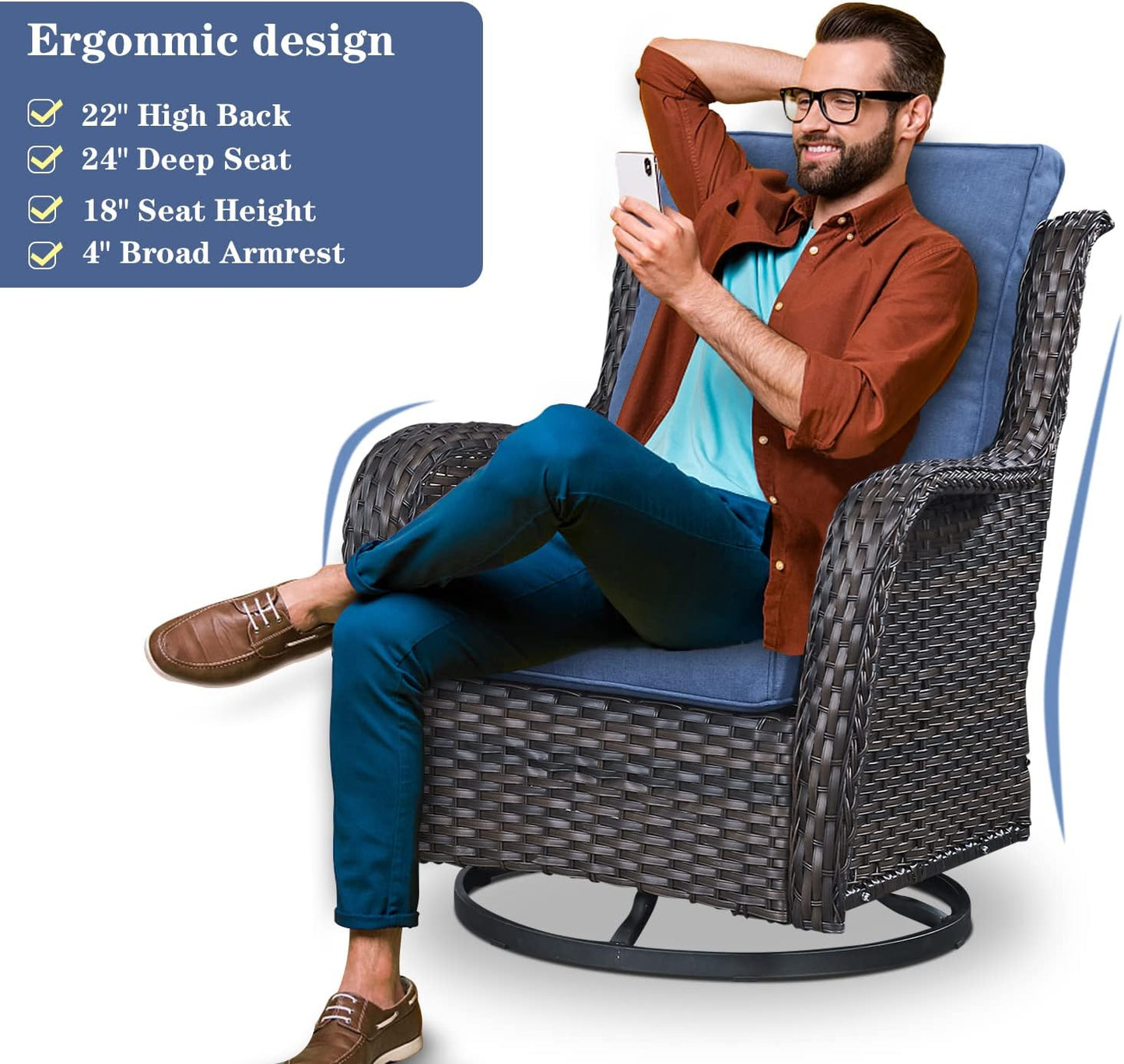 5 Pieces Patio Wicker Furniture Set - 4 Outdoor Swivel Rocker Glider Chairs with 50000BTU Propane Fire Pit Table, Warm Patio Conversation Set Blue Cushion Perfect for Casual Gathering