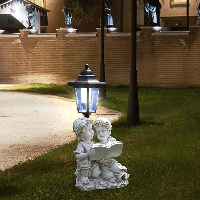 Solar Garden Outdoor Decor Statues Boy and Girl Reading Book with Light,Outside-Outdoor Decorations Sculptures for Patio Yard Lawn Walkway Ornaments Clearance Gifts for Mom Grandma Birthday