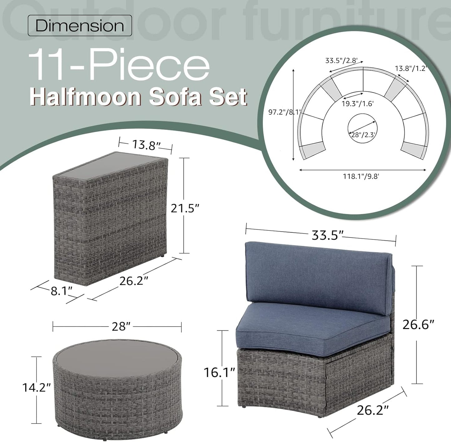 SUNSITT Outdoor Patio Furniture 11-Piece Half-Moon Sectional Round Patio Furniture Set Curved Outdoor Sofa with Tempered Glass Round Coffee Table, 4 Pillows, Grey Rattan & Denim Blue Cushion