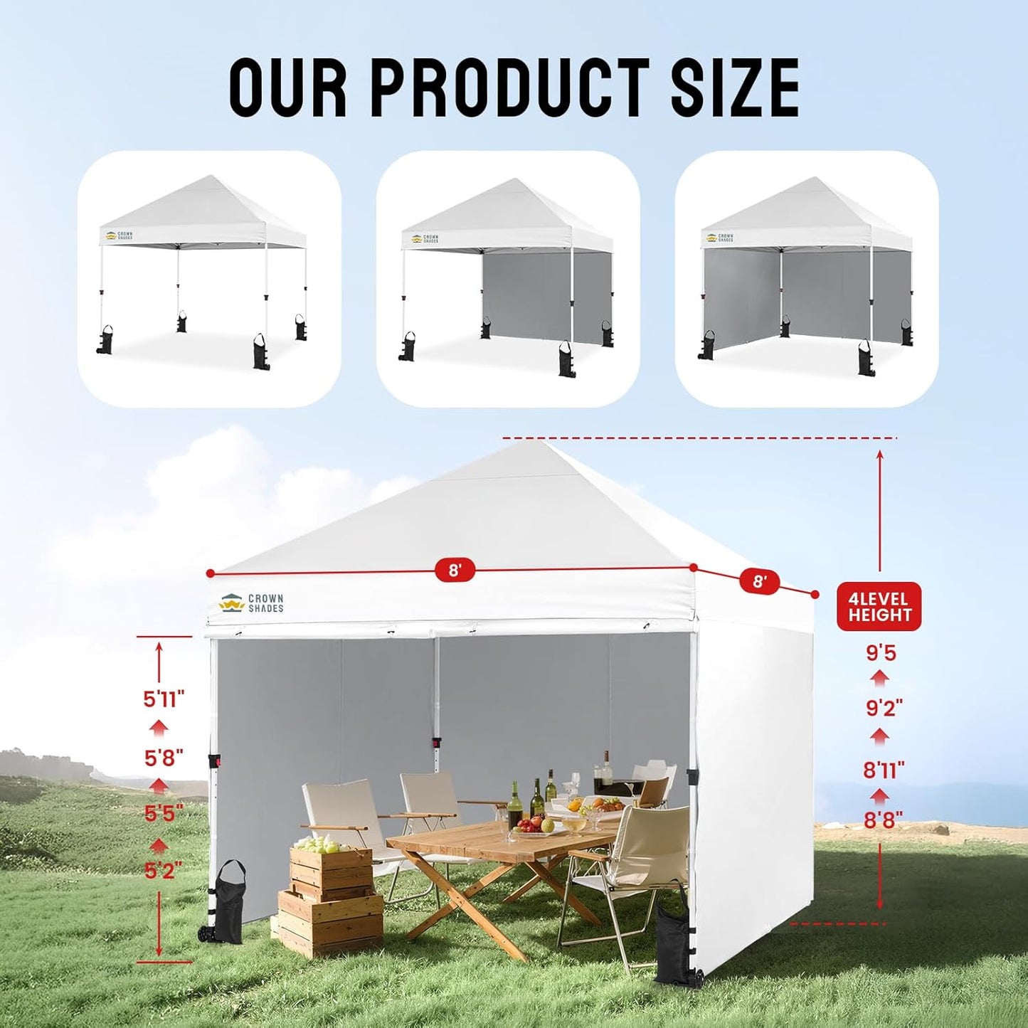 CROWN SHADES Pop Up Canopy Tent, 8x8 Commercial Canopy Tent with 4 Sidewalls, 4" Wheels, 4 Upgraded Weights, Patented Centerlock, 400D Fabric, Sto'N Go Bag, White