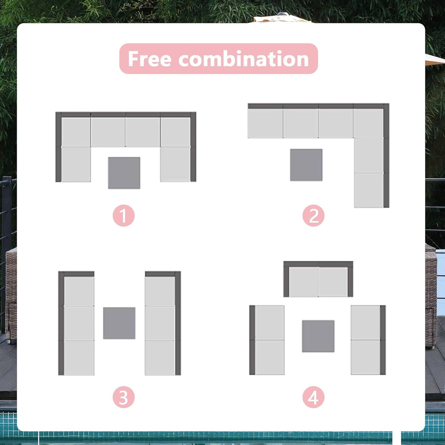 7-Piece Patio Furniture Set - Outdoor Sectional Sofa Set with Cushions and Glass-Top Coffee Table for Gardens, Poolside, Backyards and Porches, Grey/Navy Blue