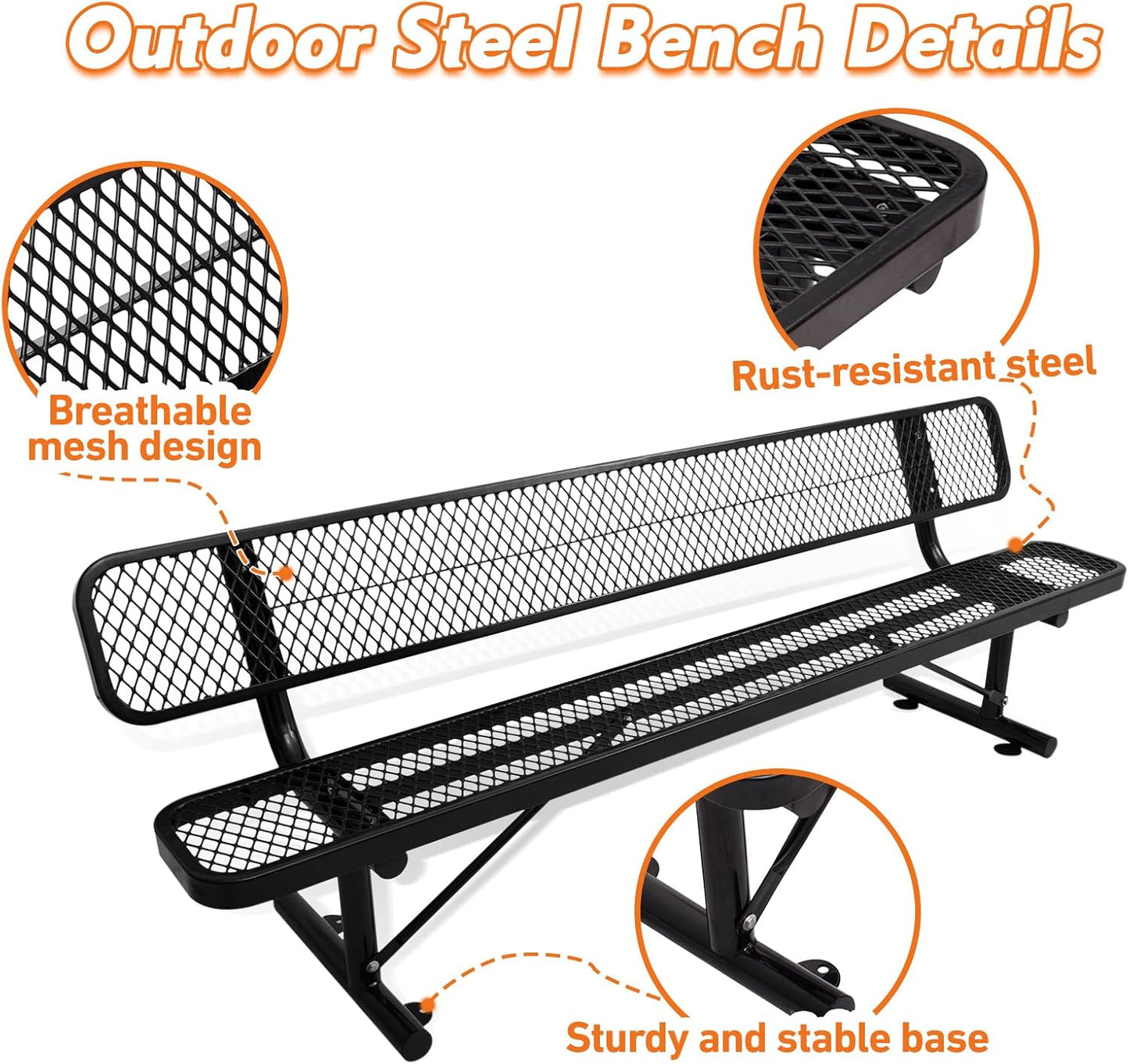 8Ft Heavy Duty Park Bench with Back Portable Frame, Outdoor Steel Bench with Backrest, Expanded Metal Mesh Bench for Lawn, Park, Deck, Garden, Patio, Porch, Black
