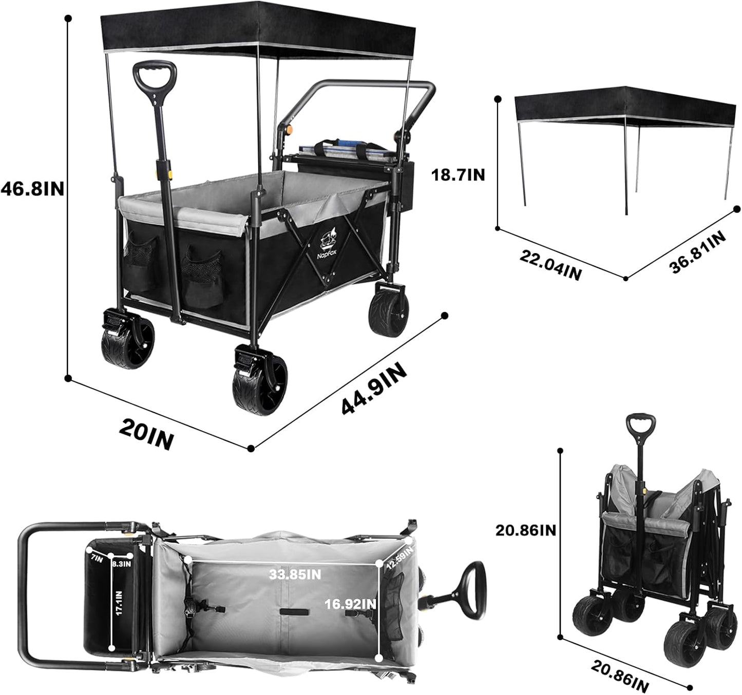 Collapsible Wagon Foldable Wagon Cart with Removable Canopy, Adjustable Push Pulling Handles,Cooler Bag Utility Carts for Shopping, Picnic, Camping,Black Grey