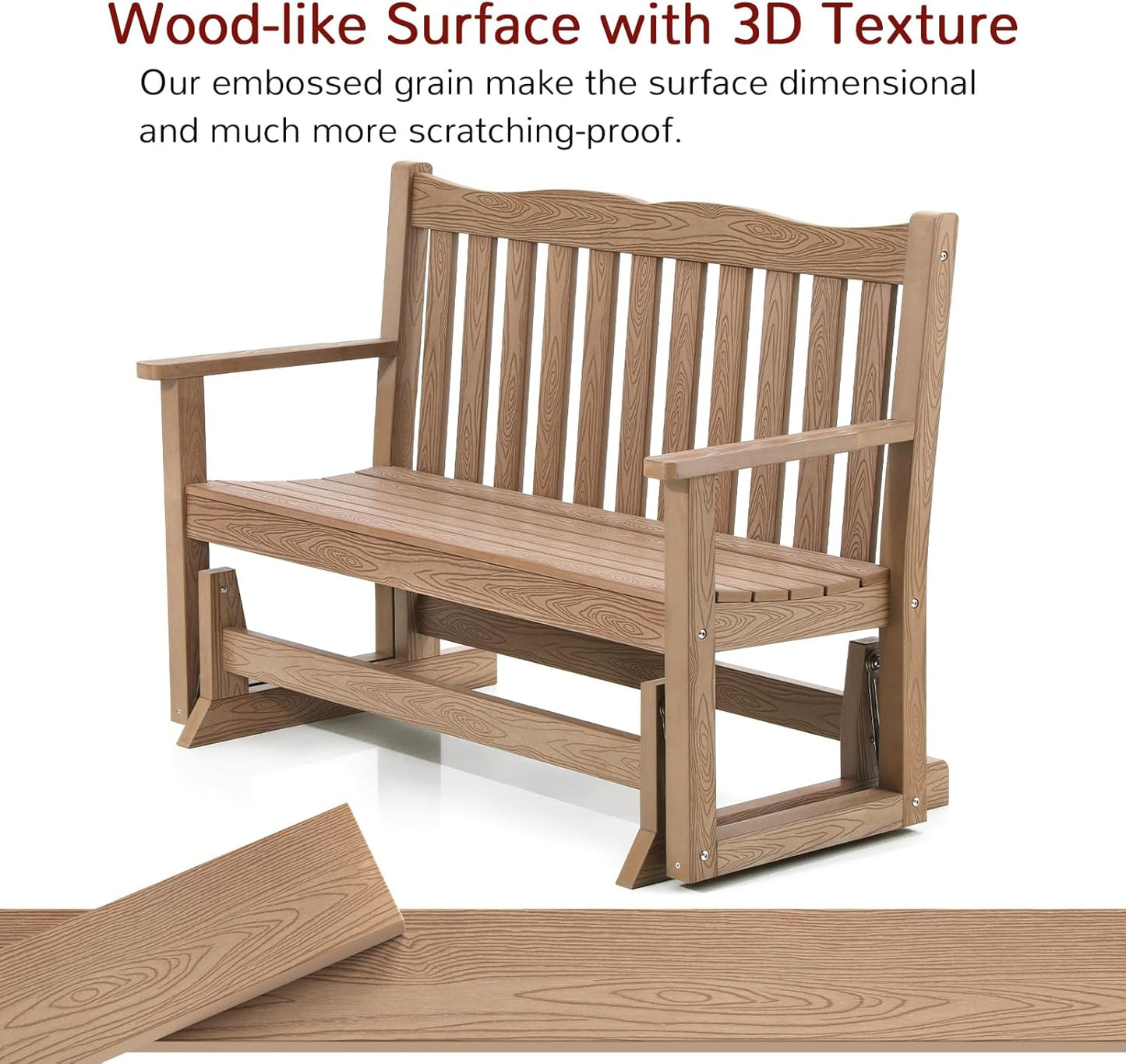 Stoog All-Weather Outdoor Glider Bench, Waterproof 2 Person HIPS Patio Glider with 800 lbs Weight Capacity, Never Fade or Rot, for Backyard, Garden, Porch, Deck, and Pool, Teak