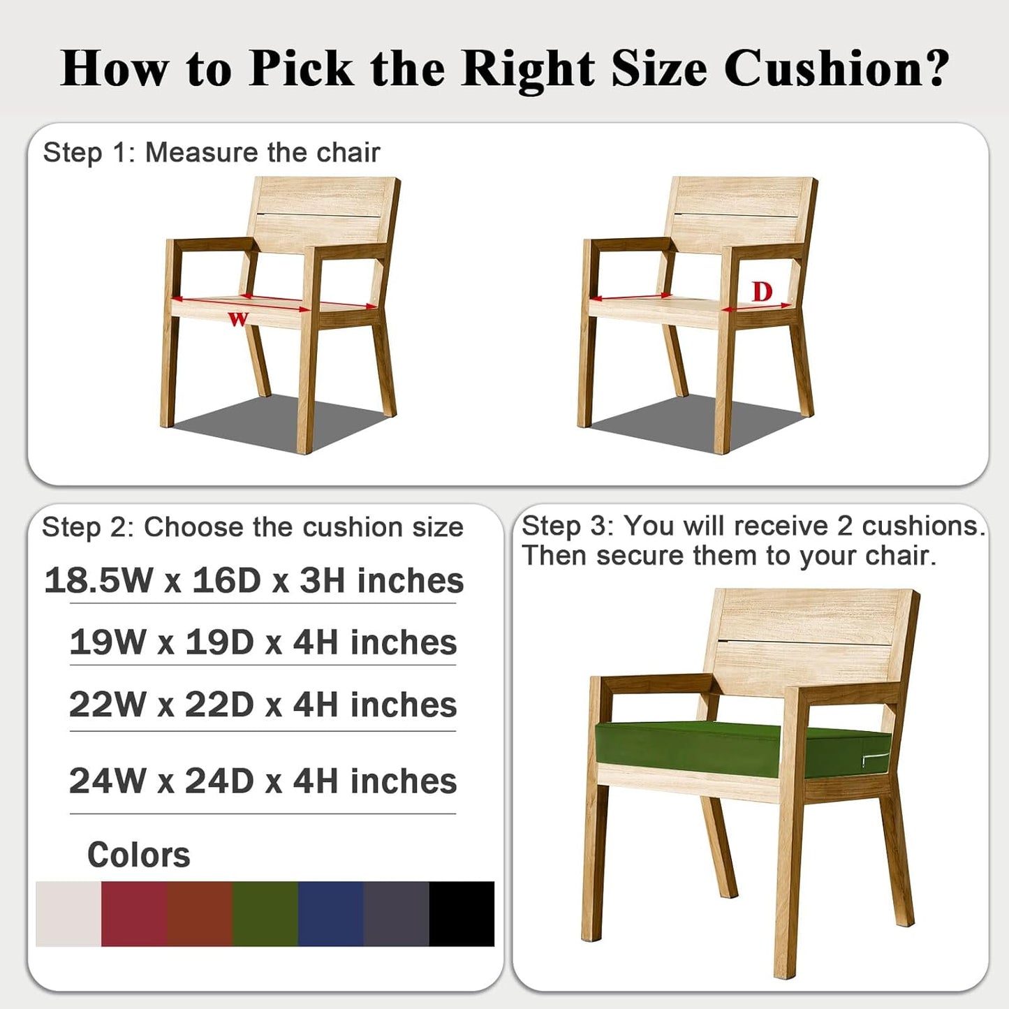 Outdoor Chair Cushions Set of 2 for Patio Furniture 22x22x4 Inch Waterproof Patio Chair Cushion 3 Year Color Fastness Square Elastic Foam Garden Couch Pads with Ties and Handle,Green