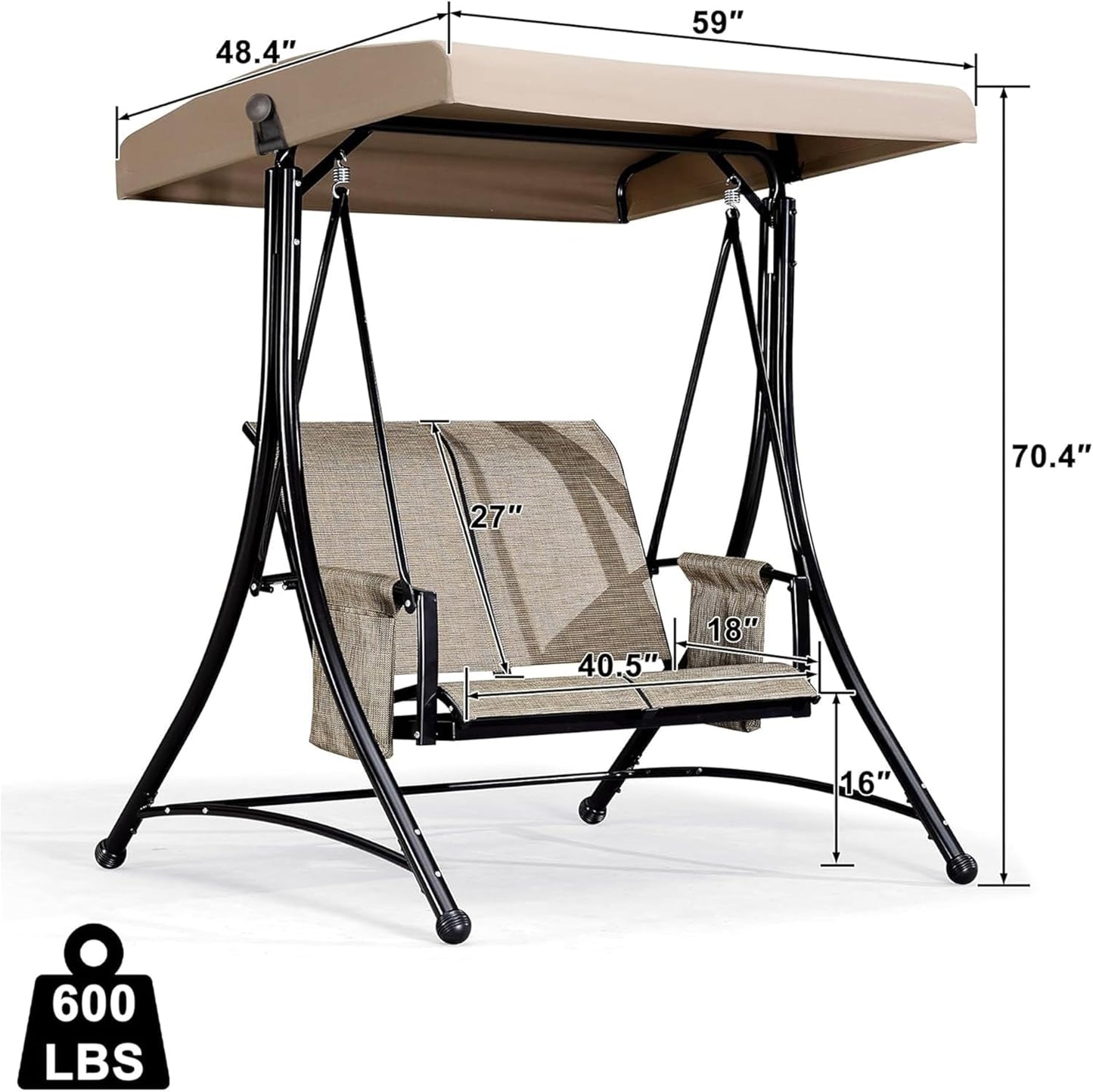 PURPLE LEAF 2-Seat Deluxe Outdoor Patio Porch Swing with Weather Resistant Steel Frame, Adjustable Tilt Canopy, Beige
