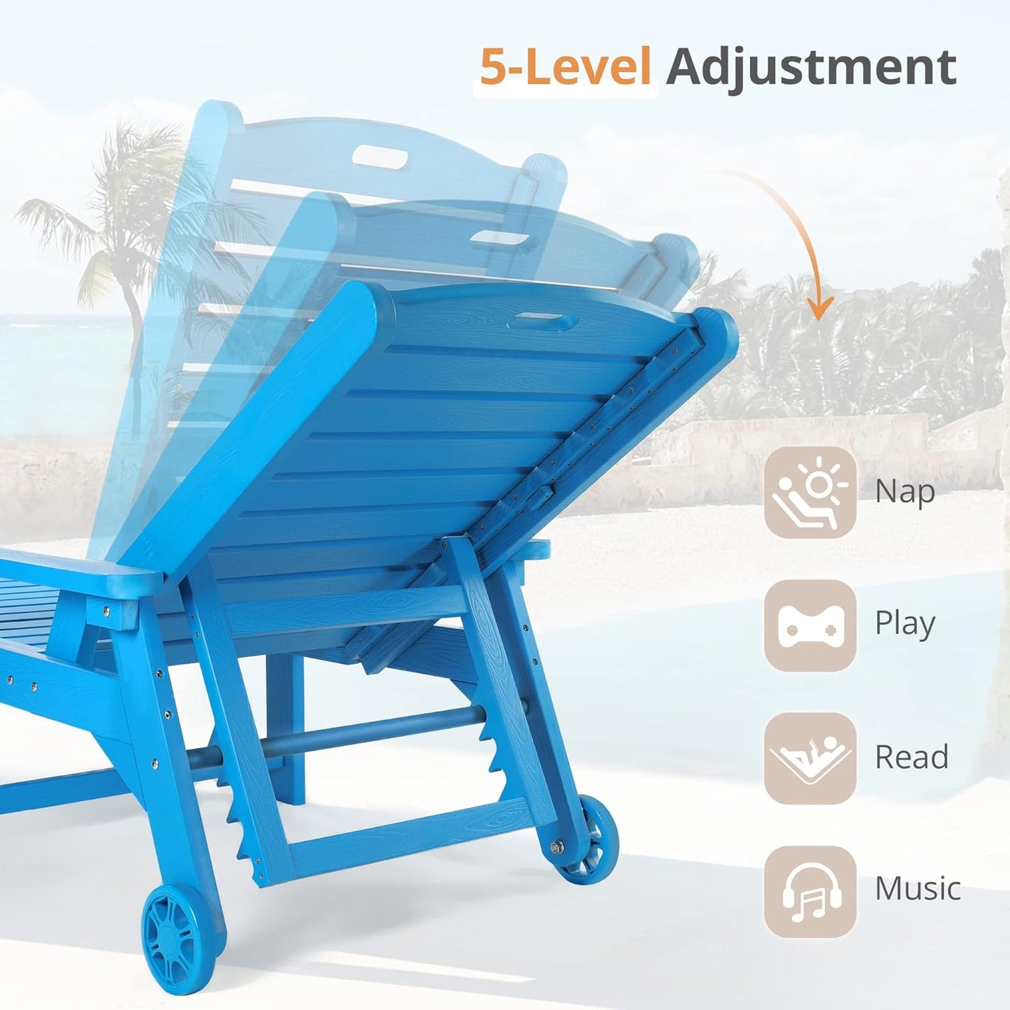 LUE BONA Outdoor Chaise Lounge Chairs Set of 2, 79'' Oversized HDPS Chaise Lounger, 5 Positions Adjustable Lounge Chairs, Pool Lounge Chair with Wheels for Poolside,3 Year Warranty, Blue