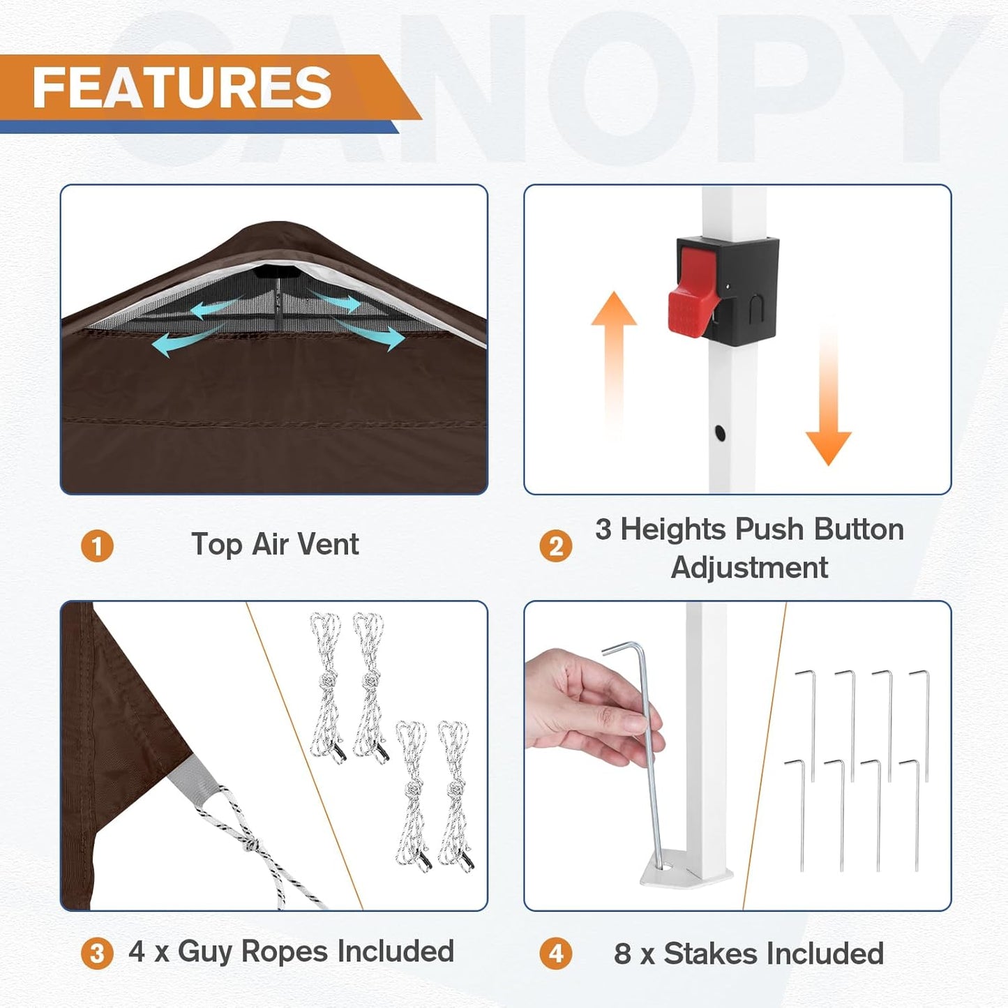 EAGLE PEAK Pop Up Canopy Tent with 1 Sidewall, Easy Setup Event Tent, Outdoor Sun Shade, Wheeled Carry Bag, Stakes and Guy Ropes, Instant Canopy 10x10, Brown