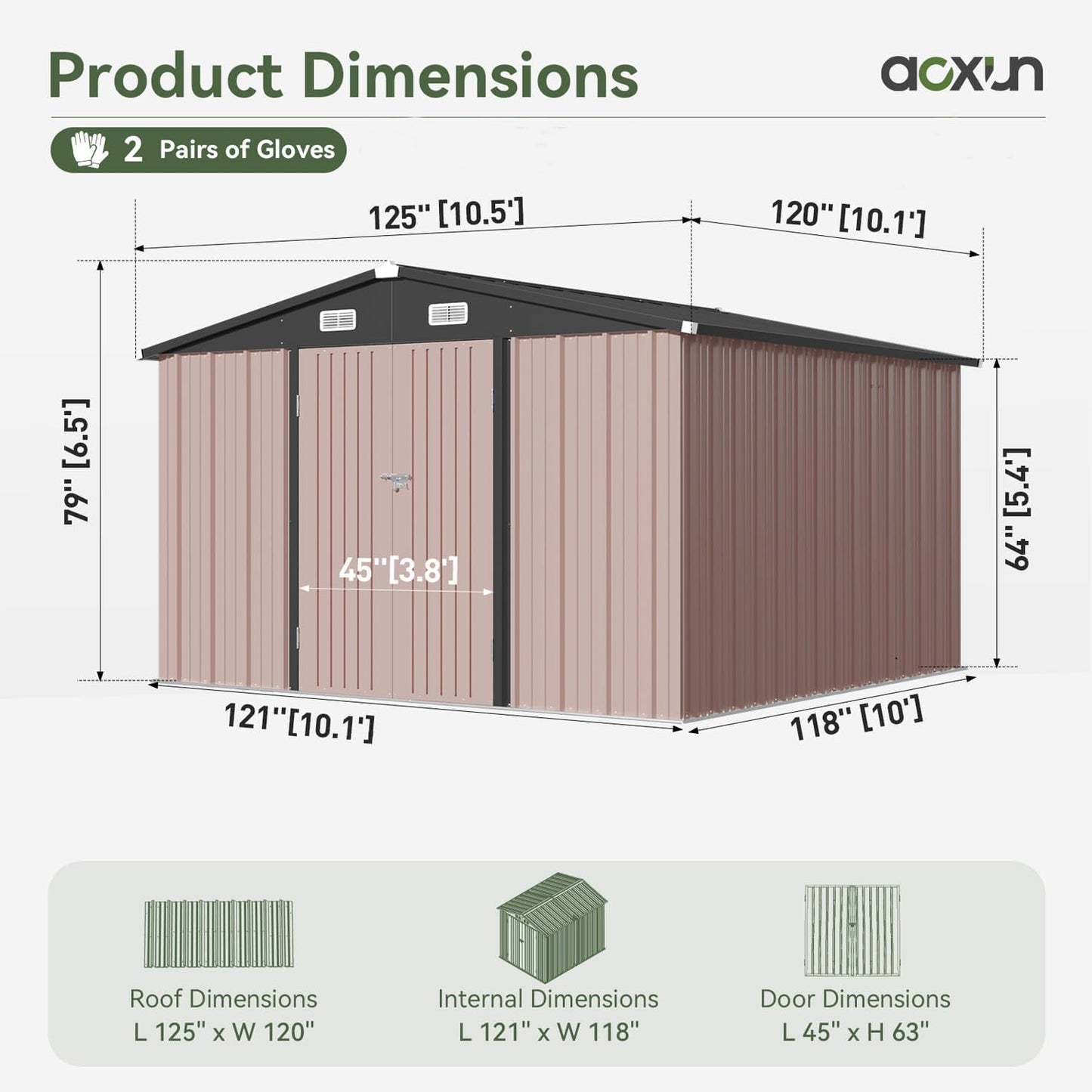 Aoxun 10x10 FT Outdoor Storage Shed Garden Metal Shed with Lockable Door Outdoor Large Shed for Tool, Garbage Can, Bike, Mower, Brown