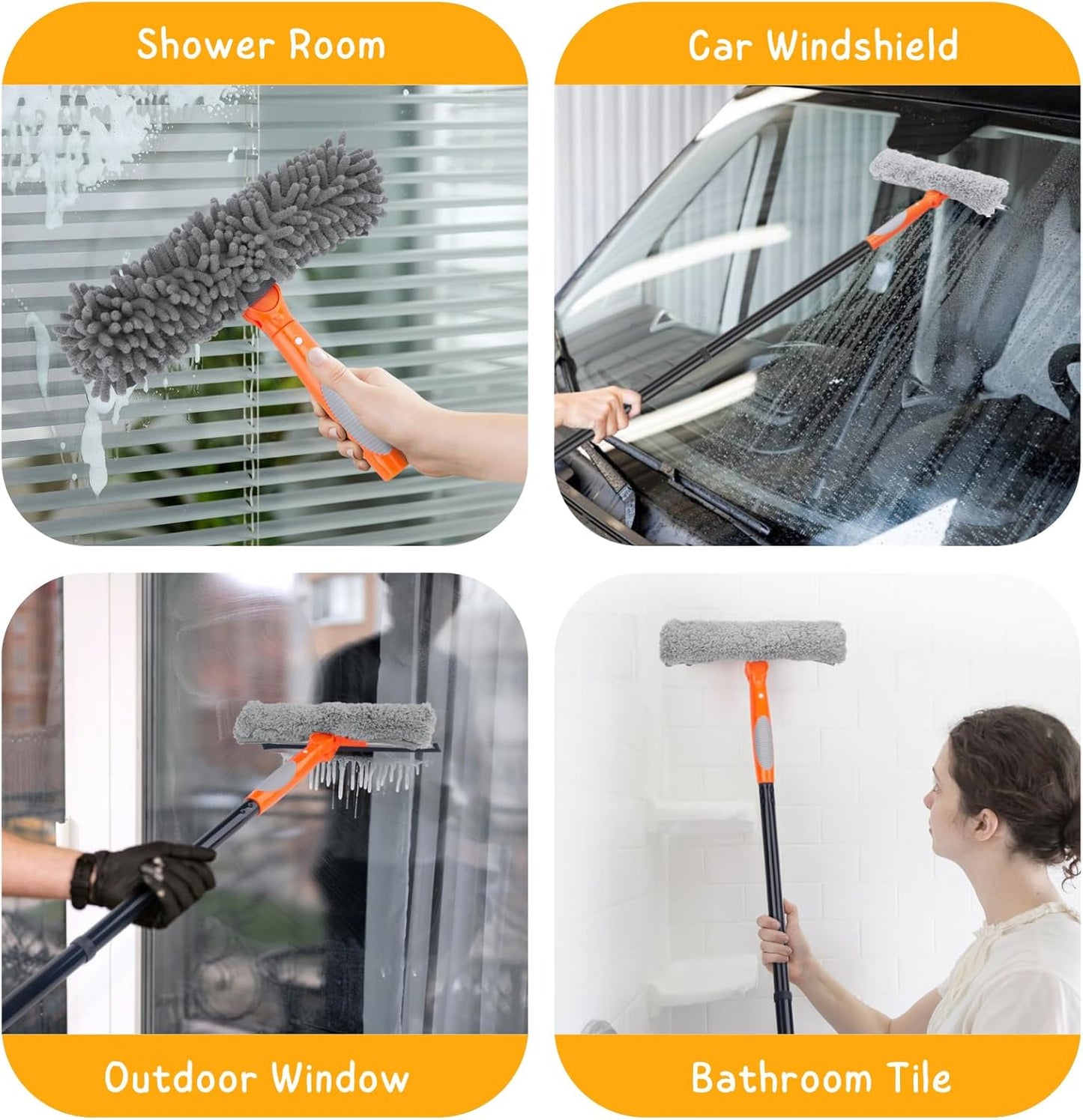 Window Cleaner Tool for Home, 59.5'' Squeegee Kit for Car Windshield, Shower Door, Mirror Cleaning, 2 in 1 Outdoor Glass Washer with Extension Pole