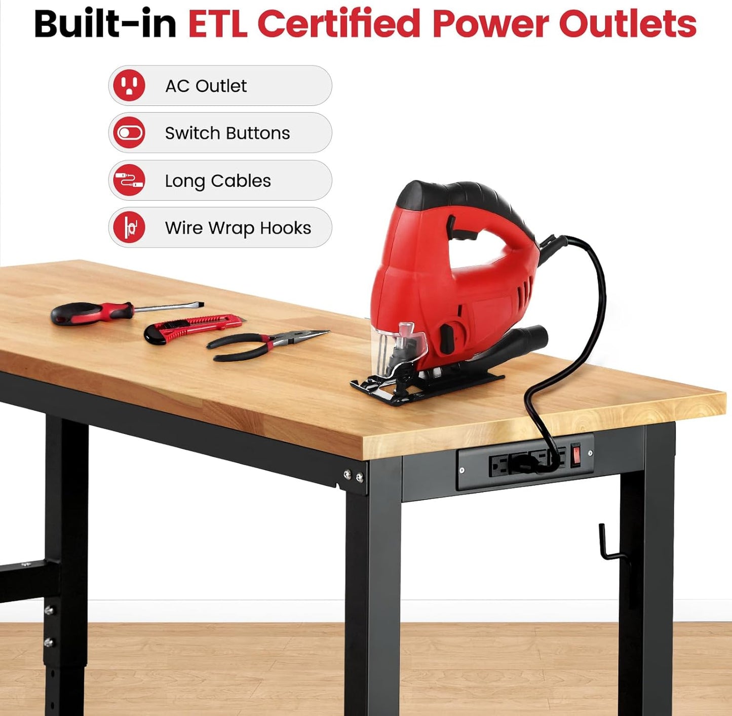 Work Bench for Garage Workbench Adjustable Height Work Table with Pegboard for Shop Woodworking, 60 x 22 Heavy Duty Rubber Wood Top for Office, Home, Commercial