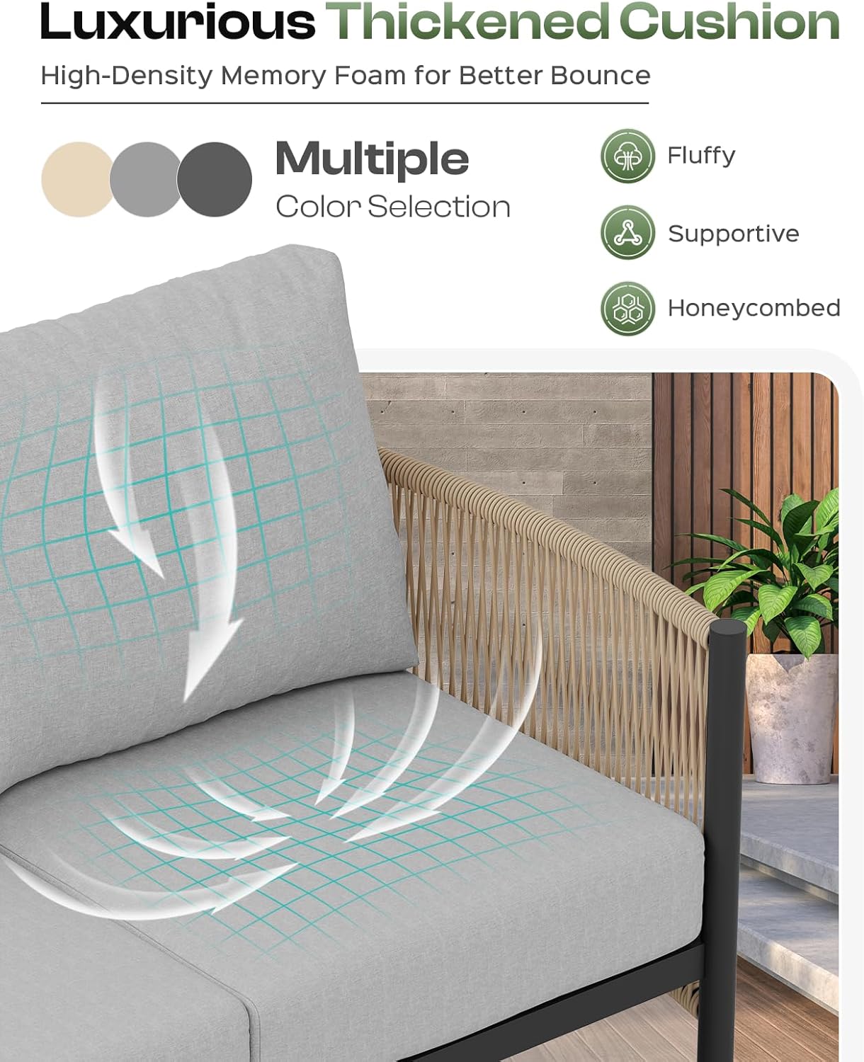 Aluminum Outdoor Sofa Armchair, HDPE Rope Patio Couch with Washable Thick Cushion, All-Weather Outdoor Patio Chairs Set of 2 for Balcony, Yard, Gray Frame, Gray