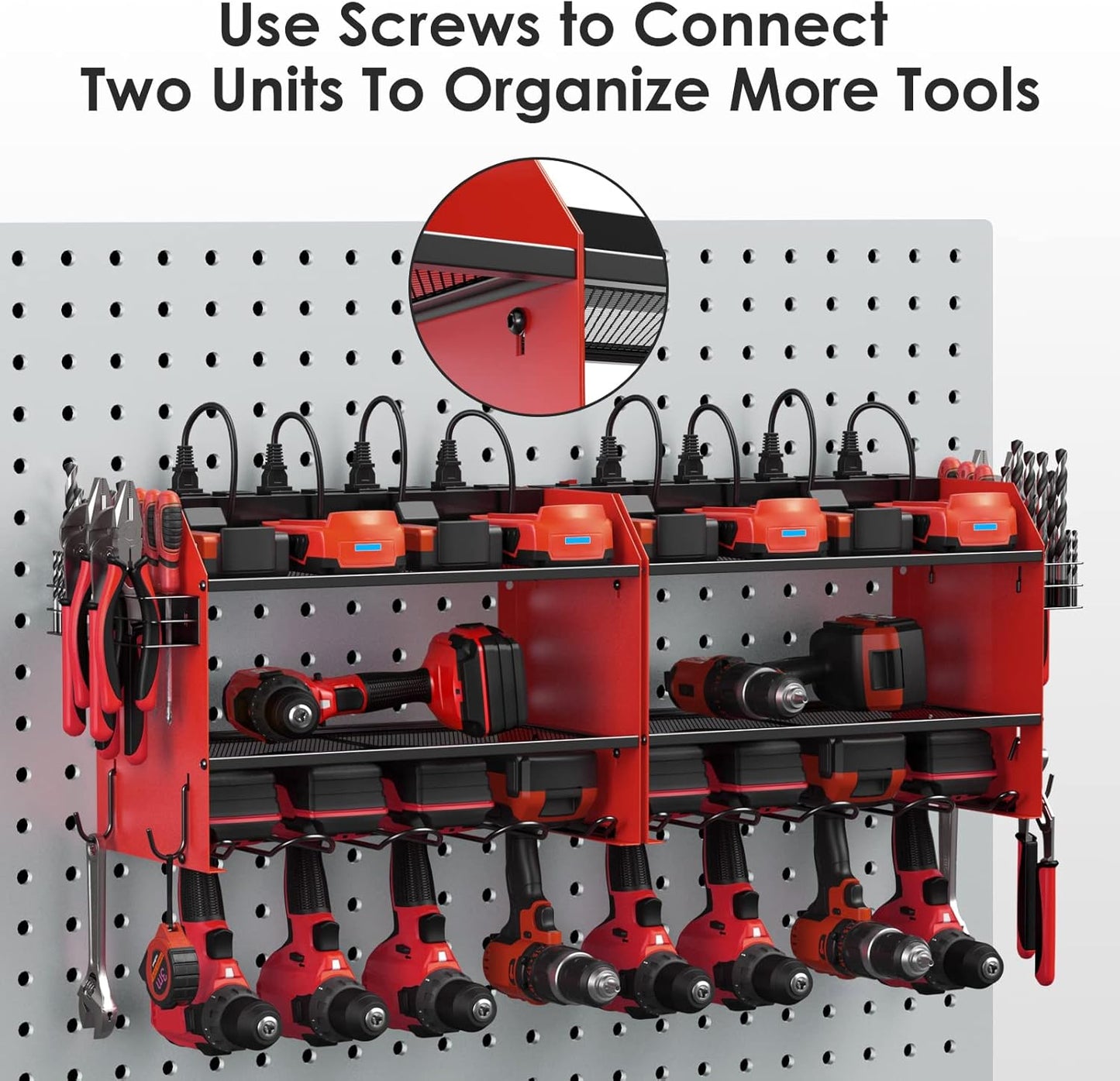 CCCEI Modular Power Tool Organizer Wall Mount with Charging Station. Garage 4 Drill Storage Shelf with Hooks, Screwdriver, Drill Bit Heavy Duty Rack, Tool Battery Holder Built in 8 Outlet Power Strip.