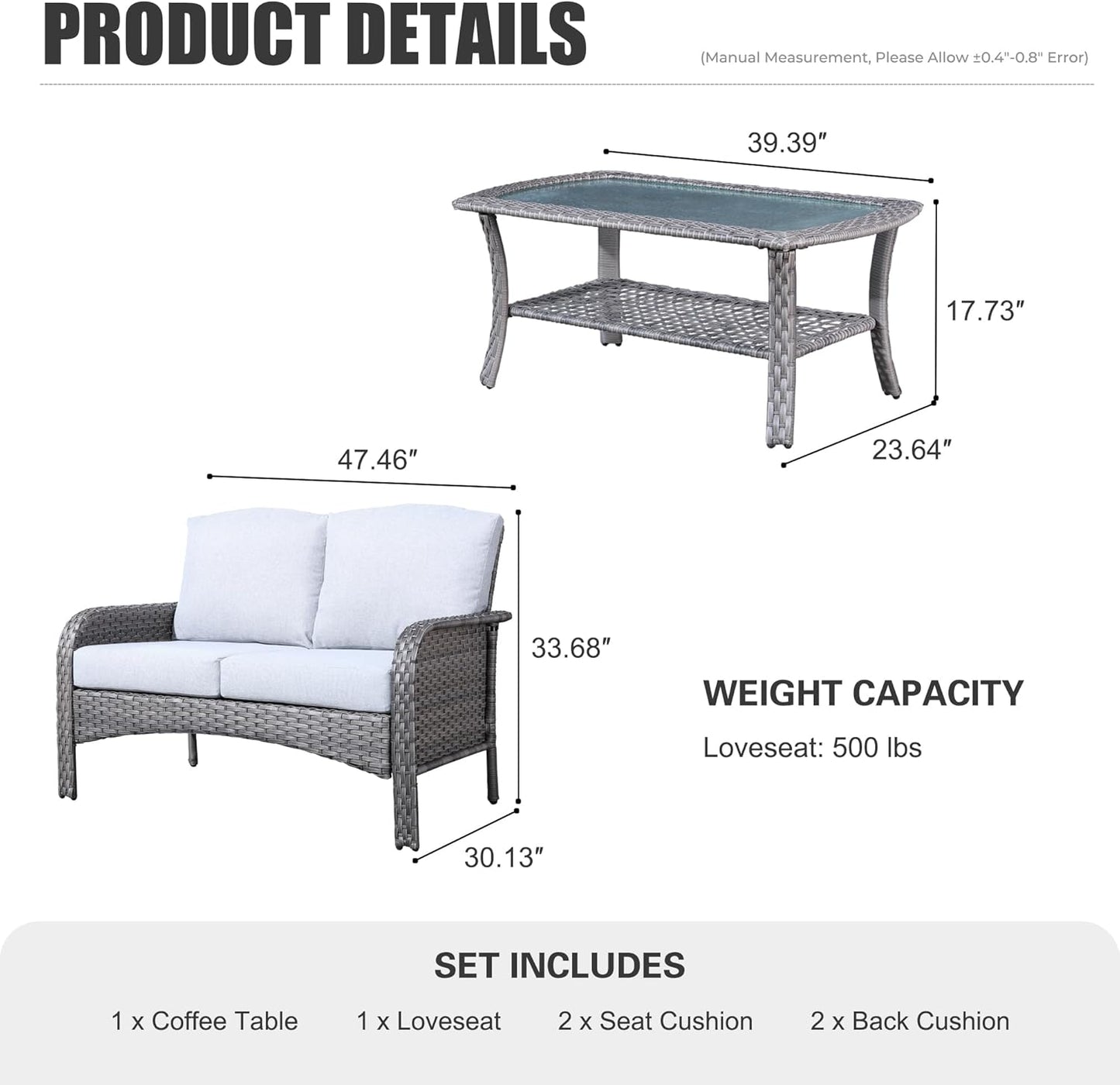 HOOOWOOO Patio Furniture Set,Outdoor High Back Loveseat Set,All Weather Wicker 2-Seater-Sofa Love Seat with Table,Light Gray