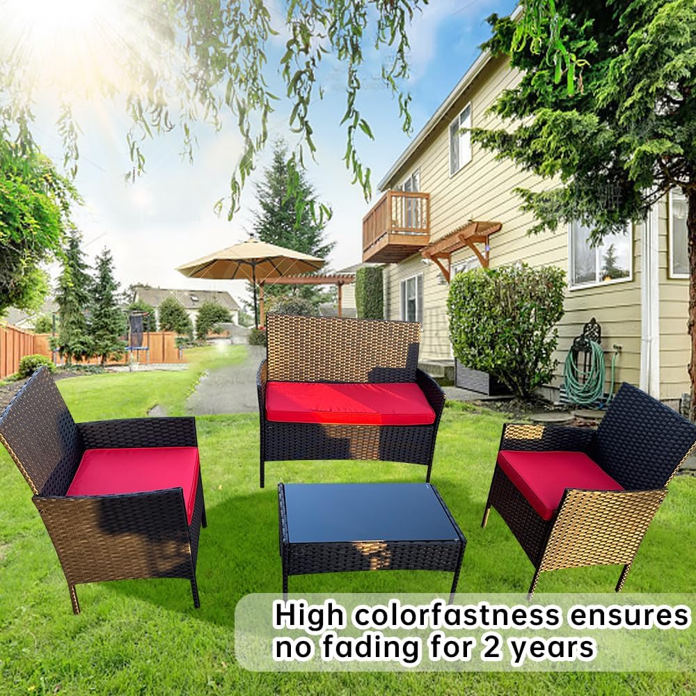3-Pack Outdoor Patio Furniture Replacement Cushions Set–High-Elastic Sponge Cushions Fit 4-Piece Wicker Rattan Sofa, Loveseat & Chairs, 36x18x2 & 18x18x2, Waterproof, Fade-Resistant (Wine red)
