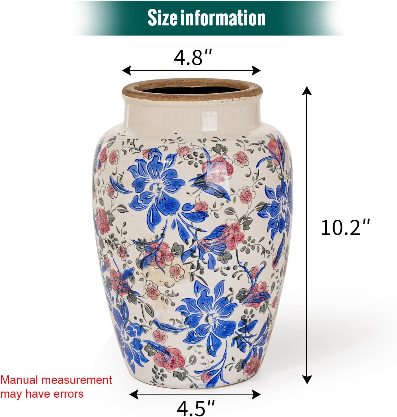 Sungmor Ceramic Flower Vase, Vintage Ice Cracked Glaze Porcelain Vase, Pretty Home Decor Vase for Flower Arrangement, Fresh Flowers, 10.2 Inch Tall Chinoiserie Pottery Vase, Blue Floral Pattern