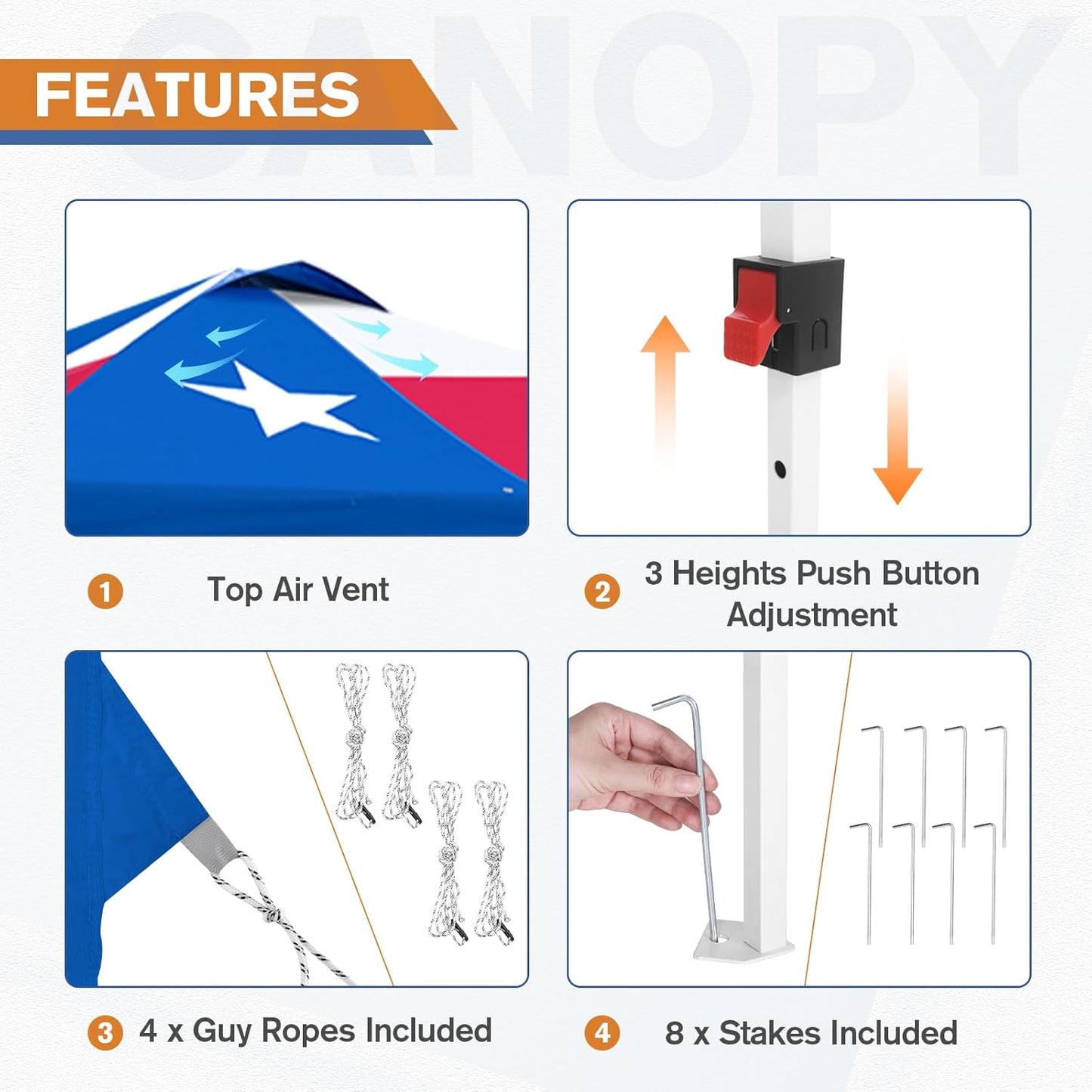 EAGLE PEAK Pop Up Canopy Tent with 1 Sidewall, Easy Setup Event Tent, Outdoor Sun Shade, Wheeled Carry Bag, Stakes and Guy Ropes, Instant Canopy 10x10, Tex Flag