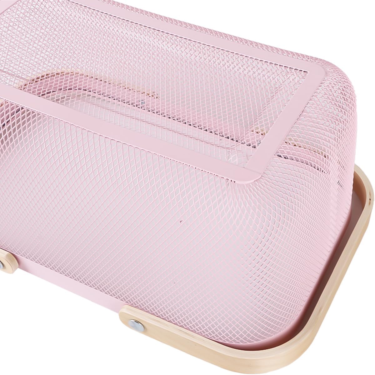 Portable Mesh Harvest Basket - Natural Bamboo Handle Foldable Organizer for Kitchen, Garden & Picnic | Ventilated Storage Bin with Rust-Proof Wire, Space-Saving Farmhouse Decor (Pink)