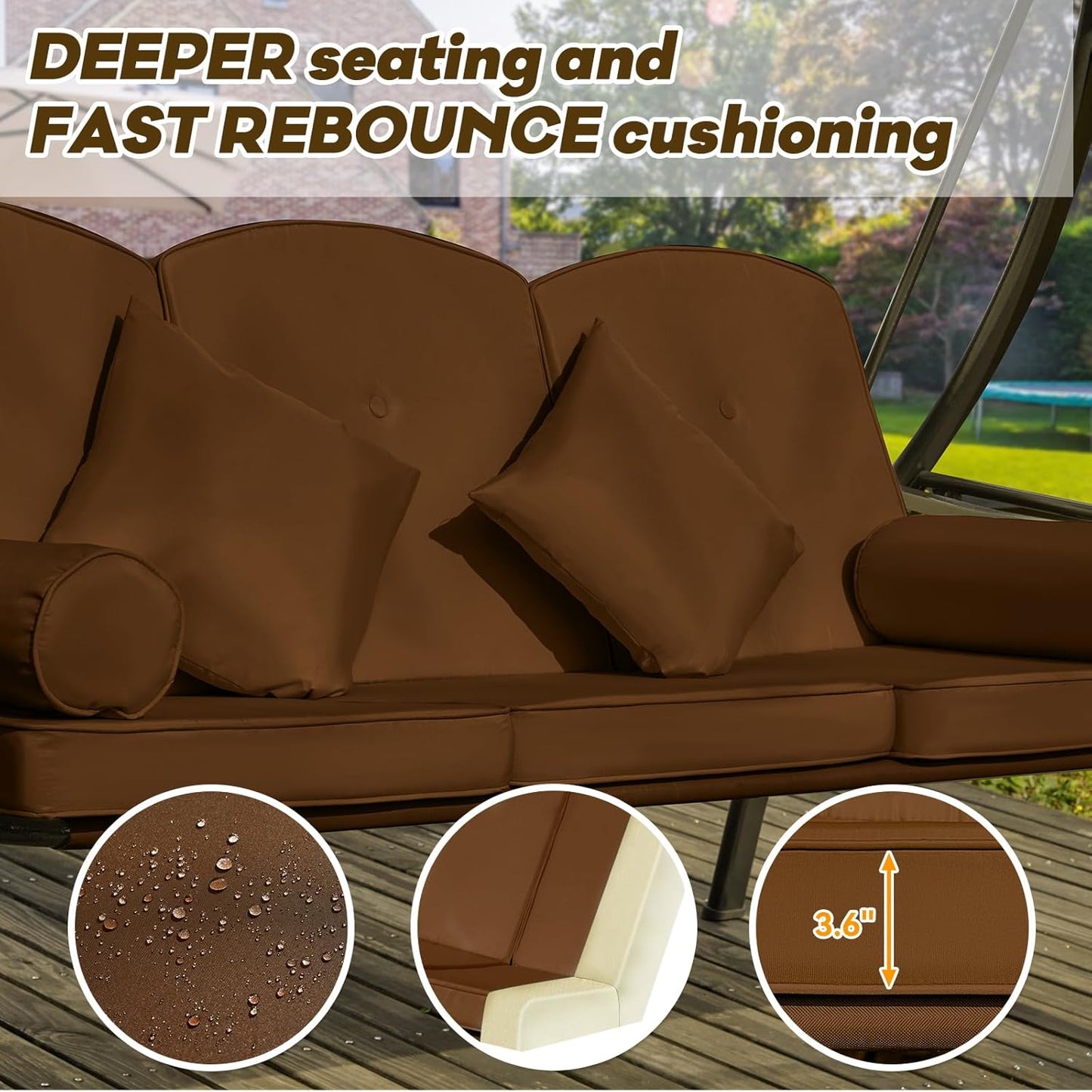 3 in 1 Outdoor Porch Swing with Adjustable Canopy, 3 Seat Outdoor Swing for Adults, Patio Swing Chair with Thickened Cushions,Pillows & Cup Holders for Backyard, Porch, Garden (Brown)