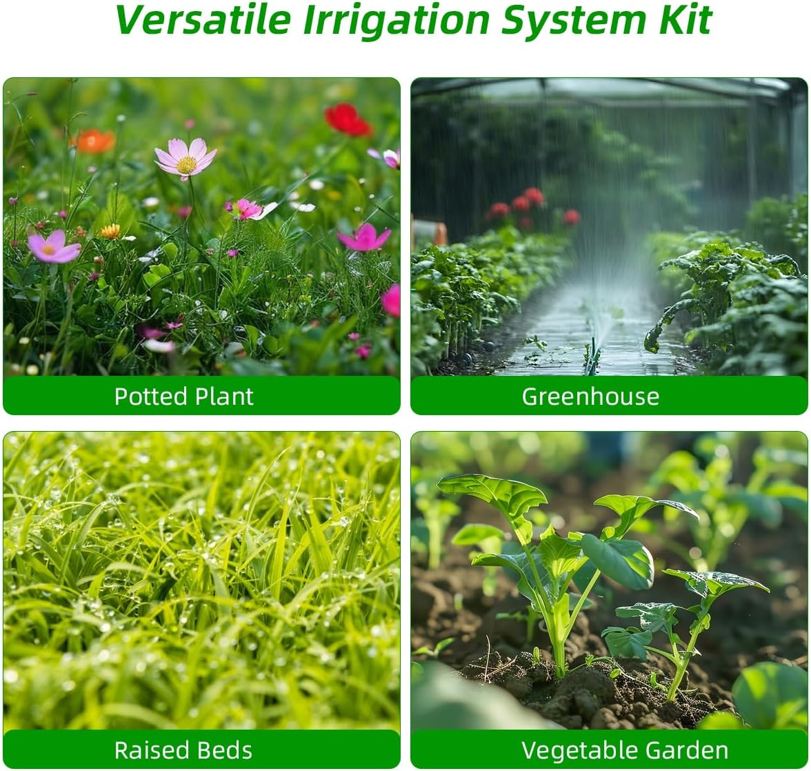 Micro Drip Irrigation Kit Automatic Garden Watering Misting System with 8/12 inch 4/7 inch Irrigation Tubing Hose and Water Timer for Greenhouse, Yard, Lawn