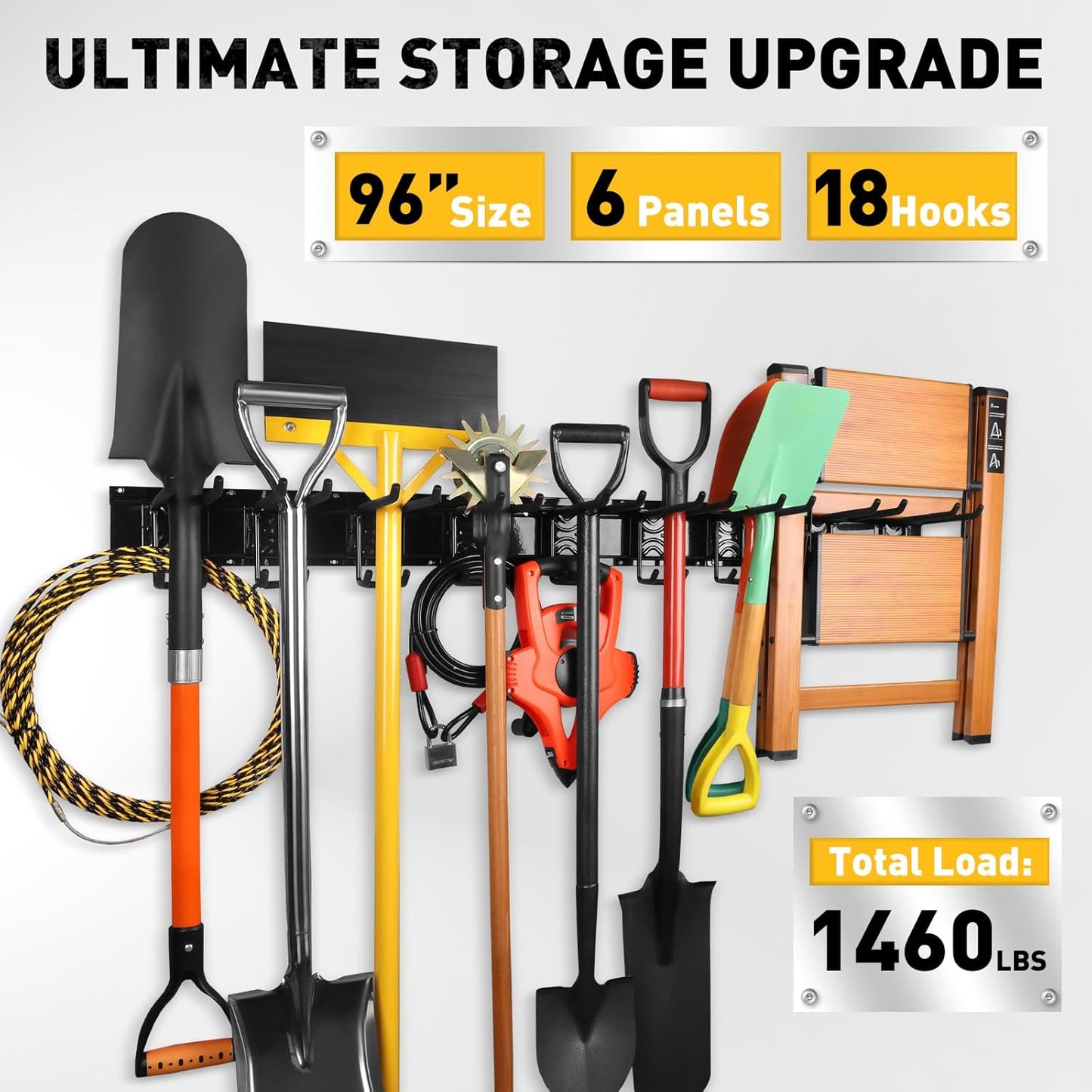 ELEAD 96 Inches Garage Storage, Garage Organization, Garden Tool Organizer Wall Mount, 18 Adjustable Heavy Duty Metal Hooks, Holds Up to 1460 lbs, Yard Tool Organizer for Garden, Yard, and Shed