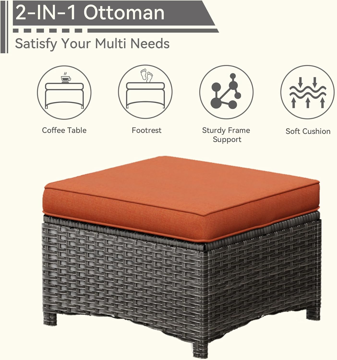 5 Pieces Patio Conversation Set, Wicker Chairs Set of 2 and Two Ottomans with 3.5-inch Seat Cushions, 1 Side Table High Back and Curved Armrest for Backyard, Balcony and Deck, Orange