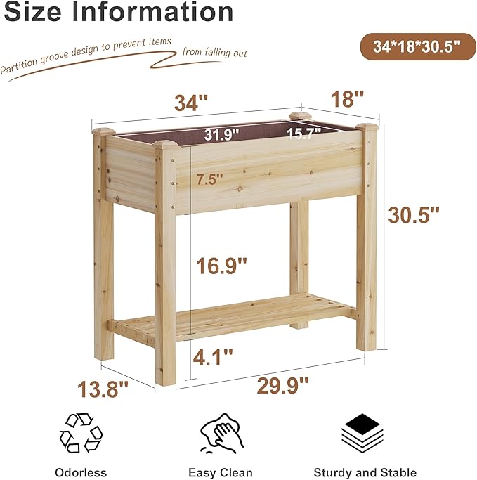 FILWH Raised Garden Bed with Legs Elevated Wooden Planter Box Stand Large Planter Stand Box for Fruits Vegetables Flowers with Divider with Bag - 34x18x30.5IN