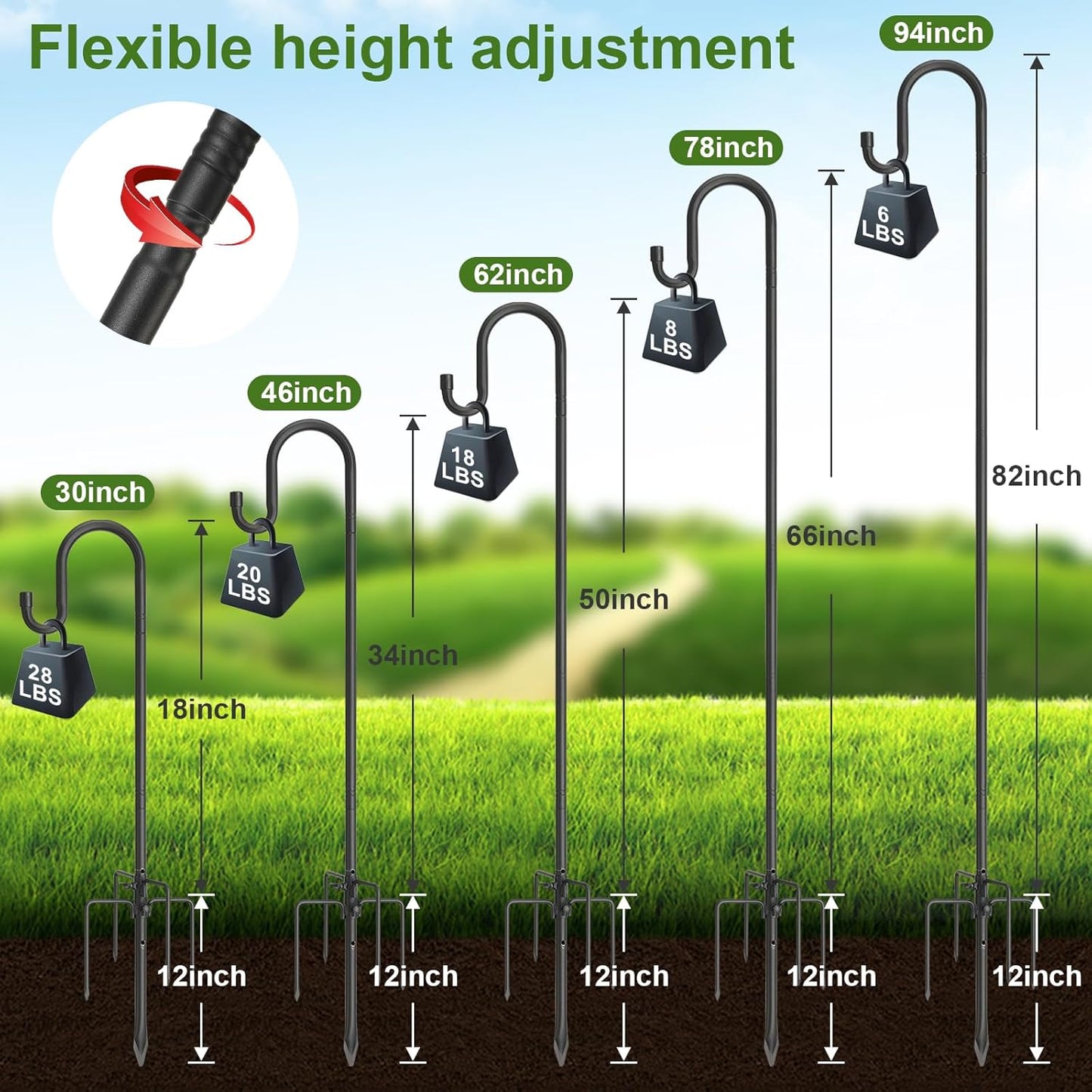 Hummingbird Feeder Pole for Outdoors - Heavy Duty Bird Feeder Stand with Adjustable Stake,62"Rustproof Shepards Poles with Hangers Holder for Birdfeeder,Wind Chimes,Lanterns,Wreaths,Black