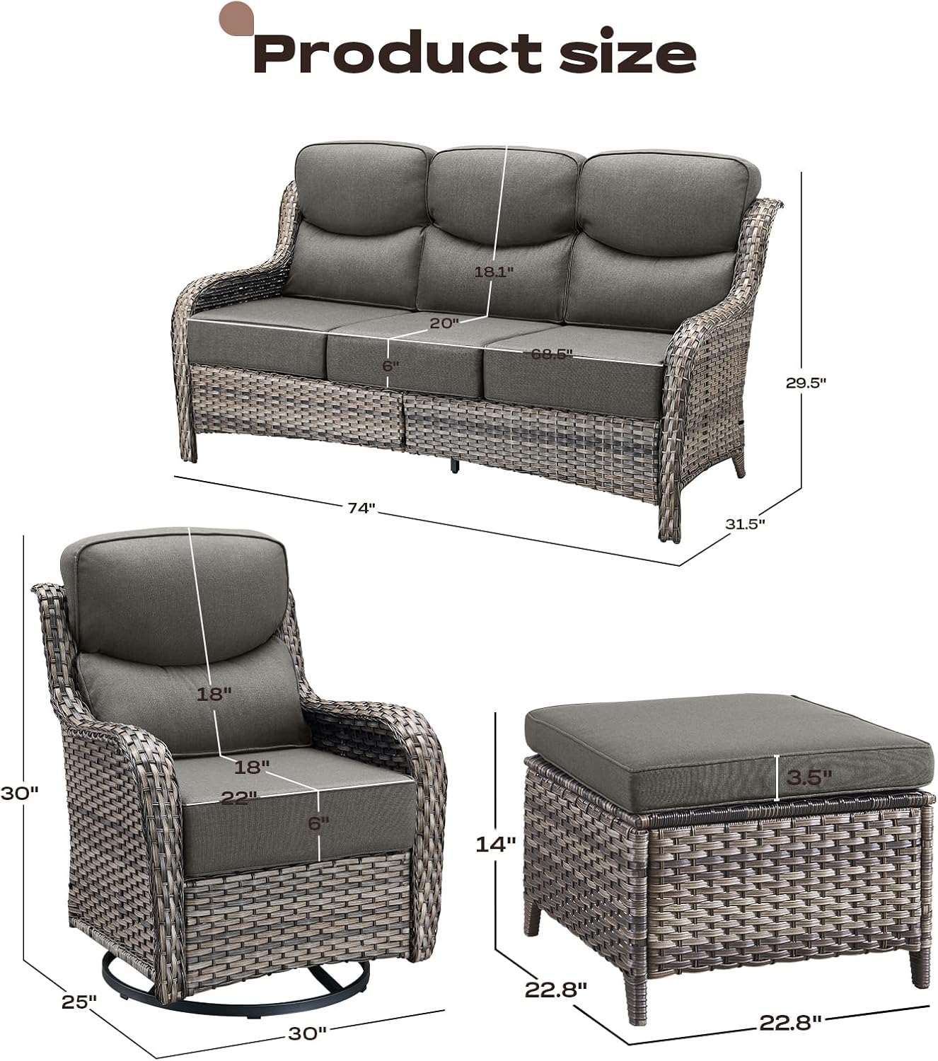 Wicker Outdoor Patio Furniture Set - 5 Piece Patio Conversation Sets with Swivel Rocker Chairs, Ottomans and Sofa, 6 inch Cushions, Waterproof Wicker, for Porch Deck Mixed Grey/Grey