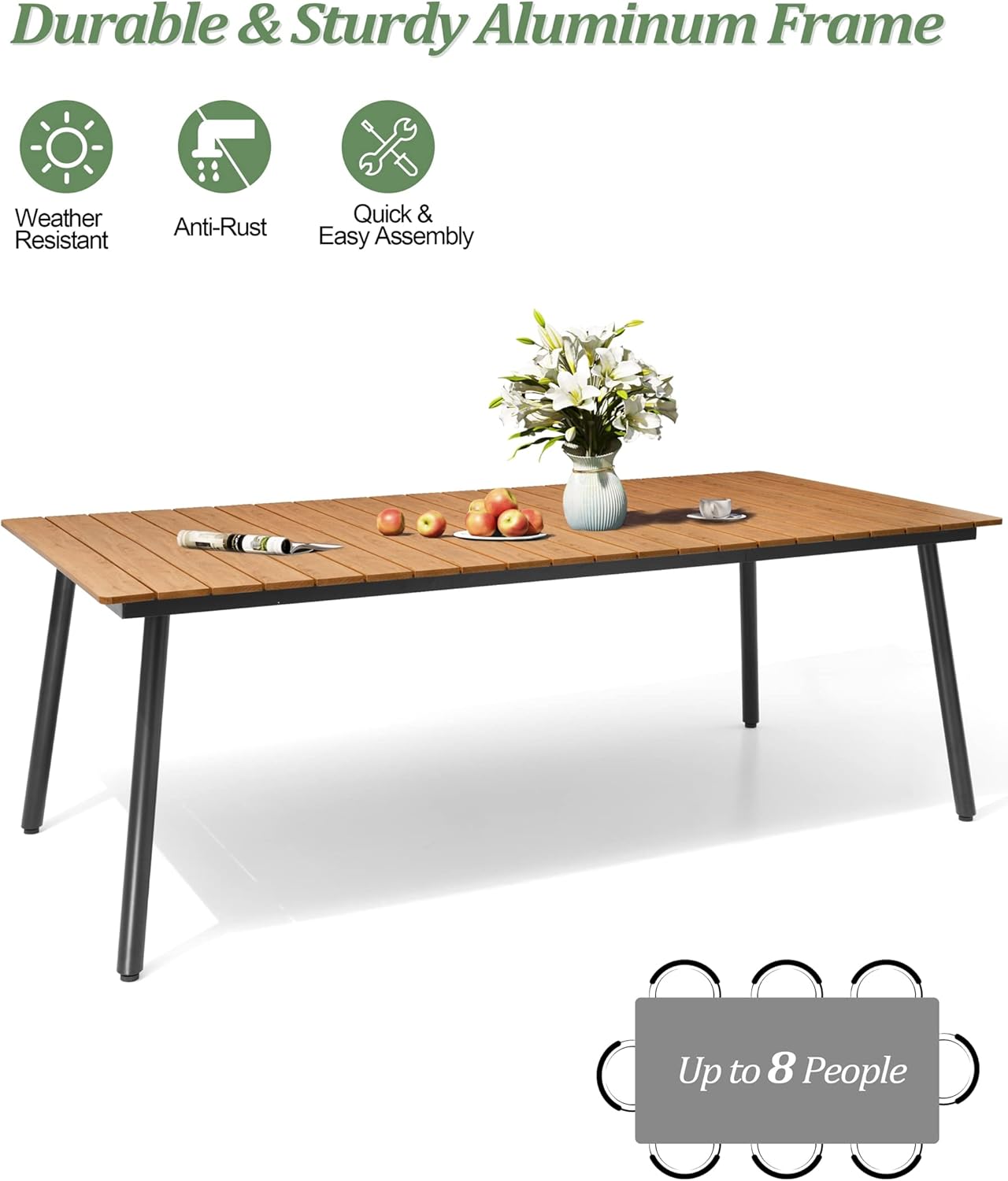 Outdoor Dining Table for 6-8, 82.7 inch Patio Dining Table with Wooden-Like Top and Aluminum Frame, Rectangular Table with Umbrella Hole Outdoor Furniture, Brown