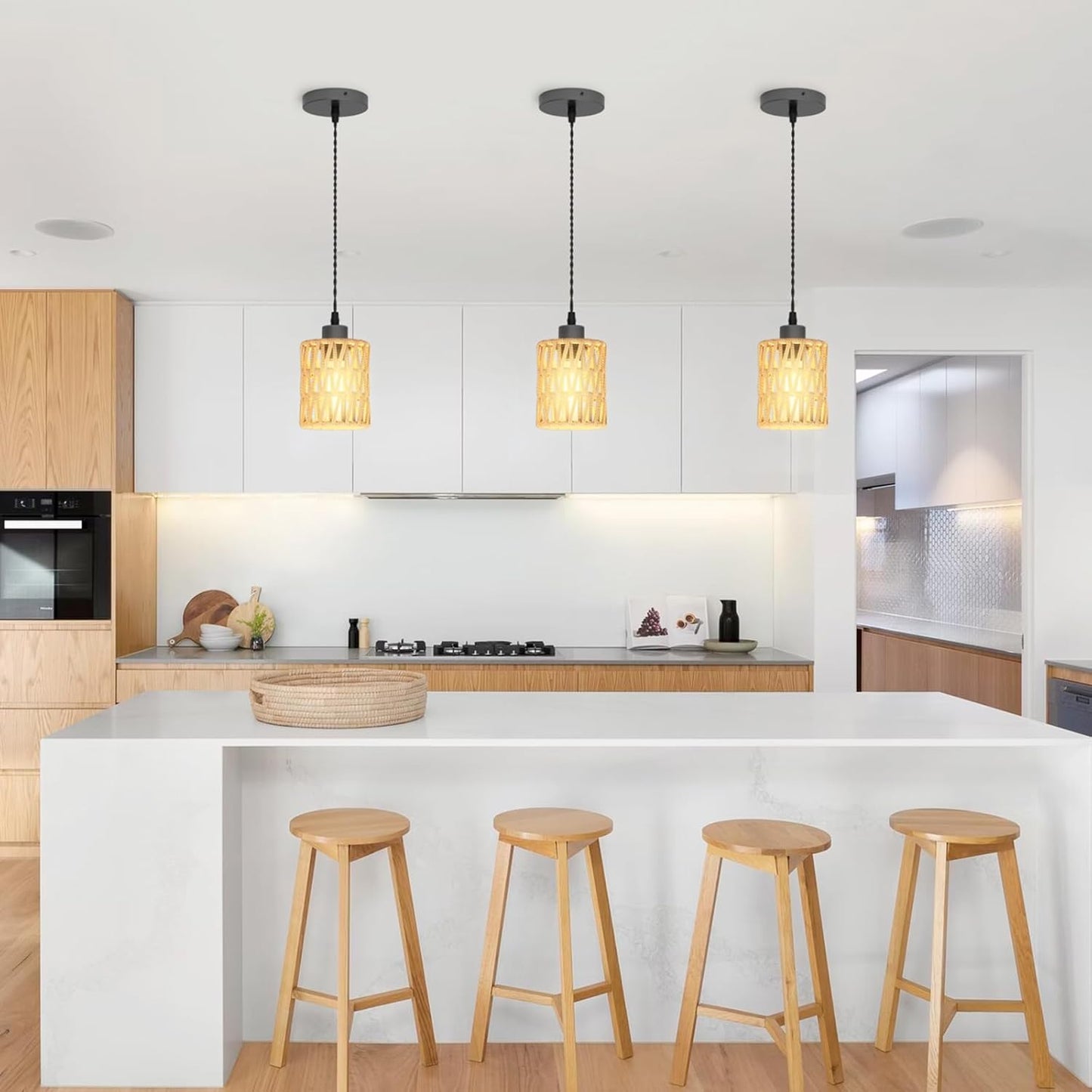 Farmhouse Hemp Rope Pendant Light - Rustic Hand-Woven Rattan Boho Hanging Light for Kitchen Island,Dining Room,Bedroom -Wicker Cage Chandelier-Coastal/Nautical Lighting Fixture Fixture(1Pack)