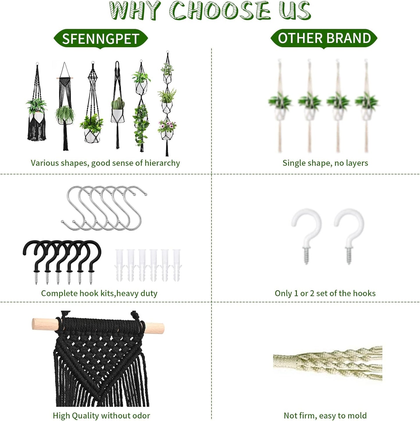 Macrame Plant Hangers, 6Pack Hanging Planters for Indoor Plants w/ 6 Set Hangers Kit Handmade Macromay Plant Hangers Indoor Flower Pots Holder Stand for Boho Home Décor (POTS NOT Included)