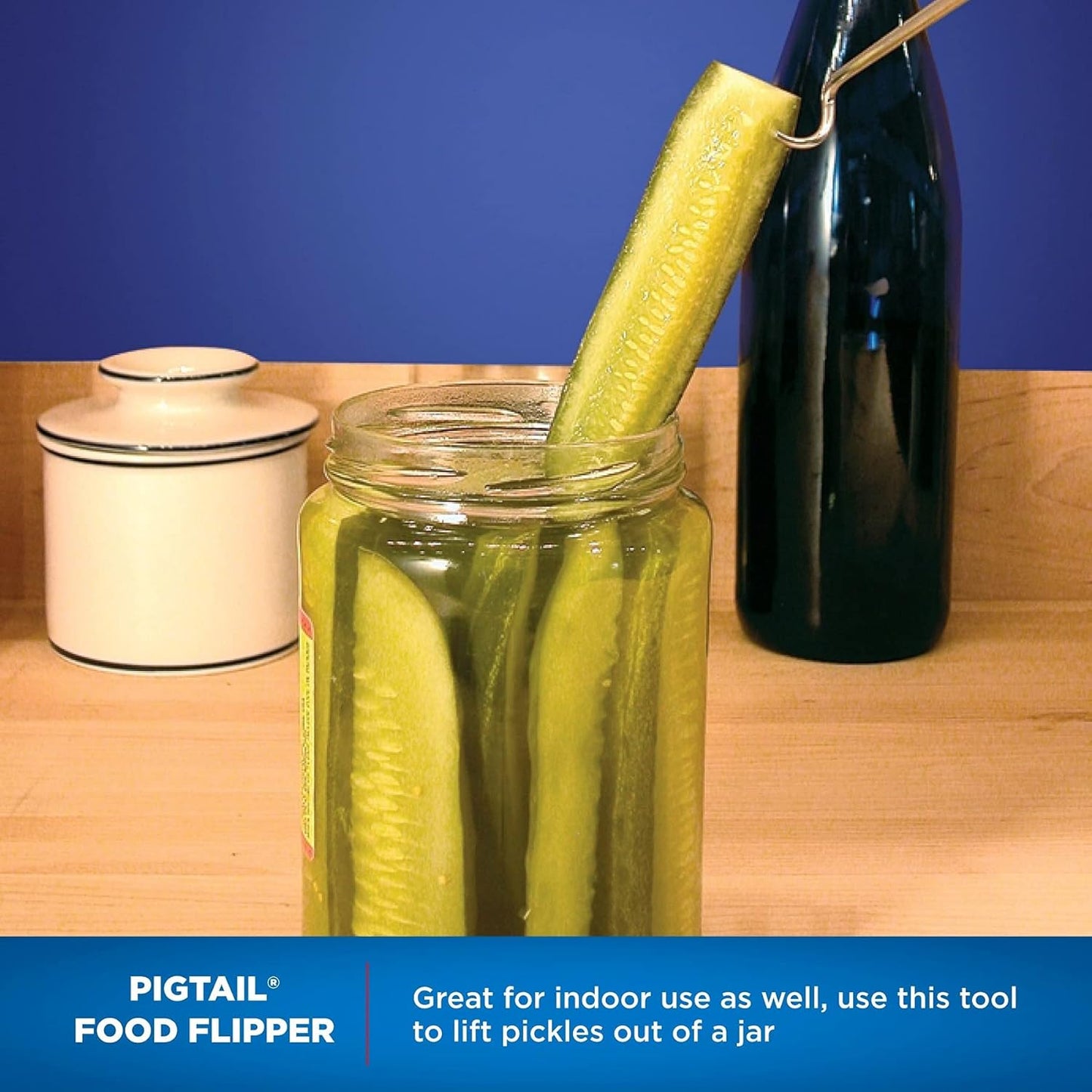 Jaccard 12” PigTail Food Flipper, Blister Pack - Wooden Handle, PigTail Flipper, Meat Hook for Grilling, Wood/Stainless, 201310