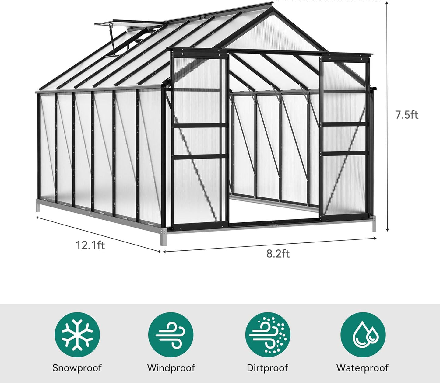 YITAHOME 10x8FT Polycarbonate Greenhouse Large Heavy Duty Green Houses Outdoor Aluminum Greenhouses with Sliding Doors Vent Window Walk-in Greenhouse for Garden Backyard, Black