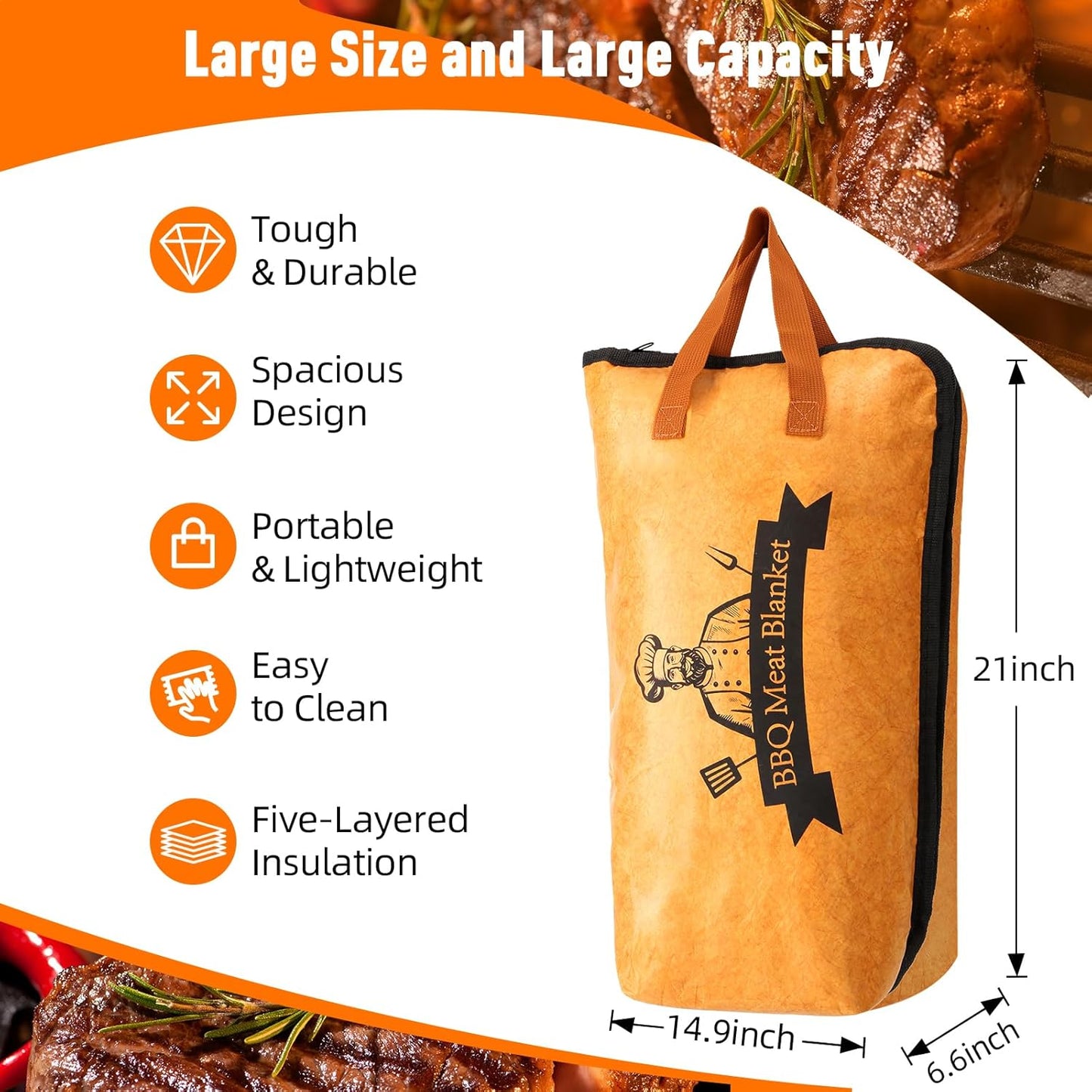 BBQ Blanket for Resting Meat,Smoker Meat Resting Blanket, Reusable Smoker Grilling Meat Insulated Resting Bag with Wide Mouth for Large Brisket/Beef/Pork Shoulders/Turkeys (BBQ Blanket 21in)