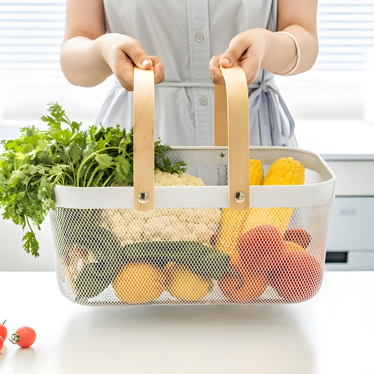 Portable Mesh Harvest Basket - Natural Bamboo Handle Foldable Organizer for Kitchen, Garden & Picnic | Ventilated Storage Bin with Rust-Proof Wire, Space-Saving Farmhouse Decor (White)