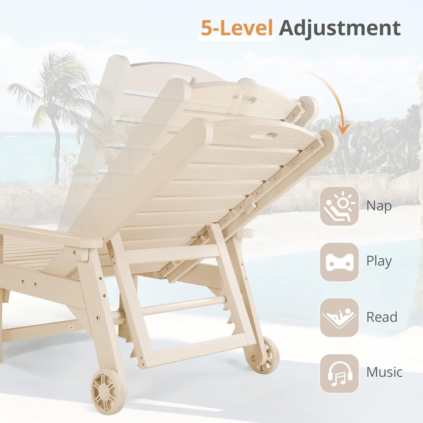 LUE BONA Chaise Lounge Chair with Table, 2-Piece, 79'' Oversized HDPS Chaise Lounger, 5 Positions Adjustable Lounge Chairs, Pool Lounge Chair with Wheels for Poolside, Backyard, 3 Year Warranty, Sand