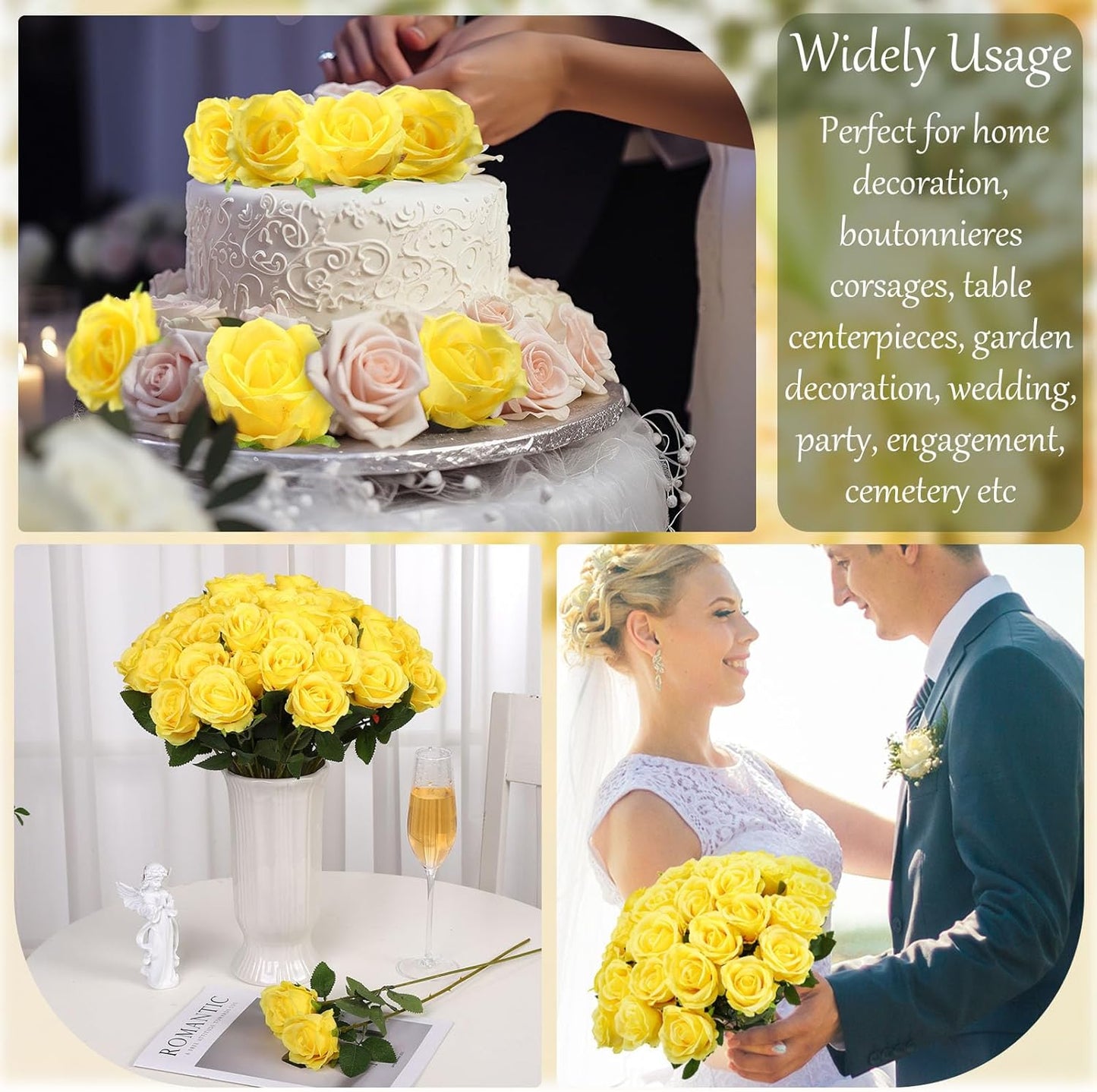 36 Pcs Silk Yellow Rose Bouquet Bridal Artificial Flowers,Fake Rose Long Stem Realistic Flowers Bulk for Wedding Bouquet Ball Arrangement Centerpiece Party Decor