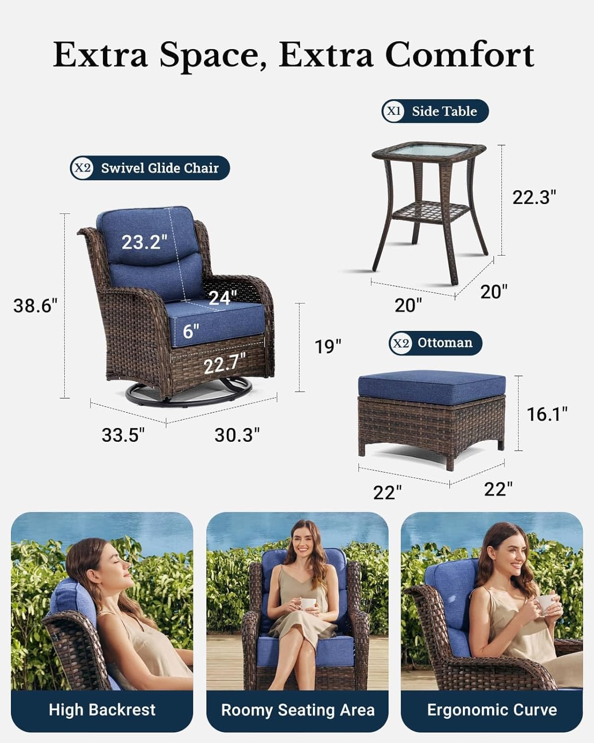 HILLGA Luxury Outdoor Swivel Rocker Patio Chairs of 2 with 6 Inch Thick Cushions and Side Table, Swivel Outdoor Chairs 5PCS High Back Wicker Patio Furniture Set for Porch, Balcony, Deck in Blue