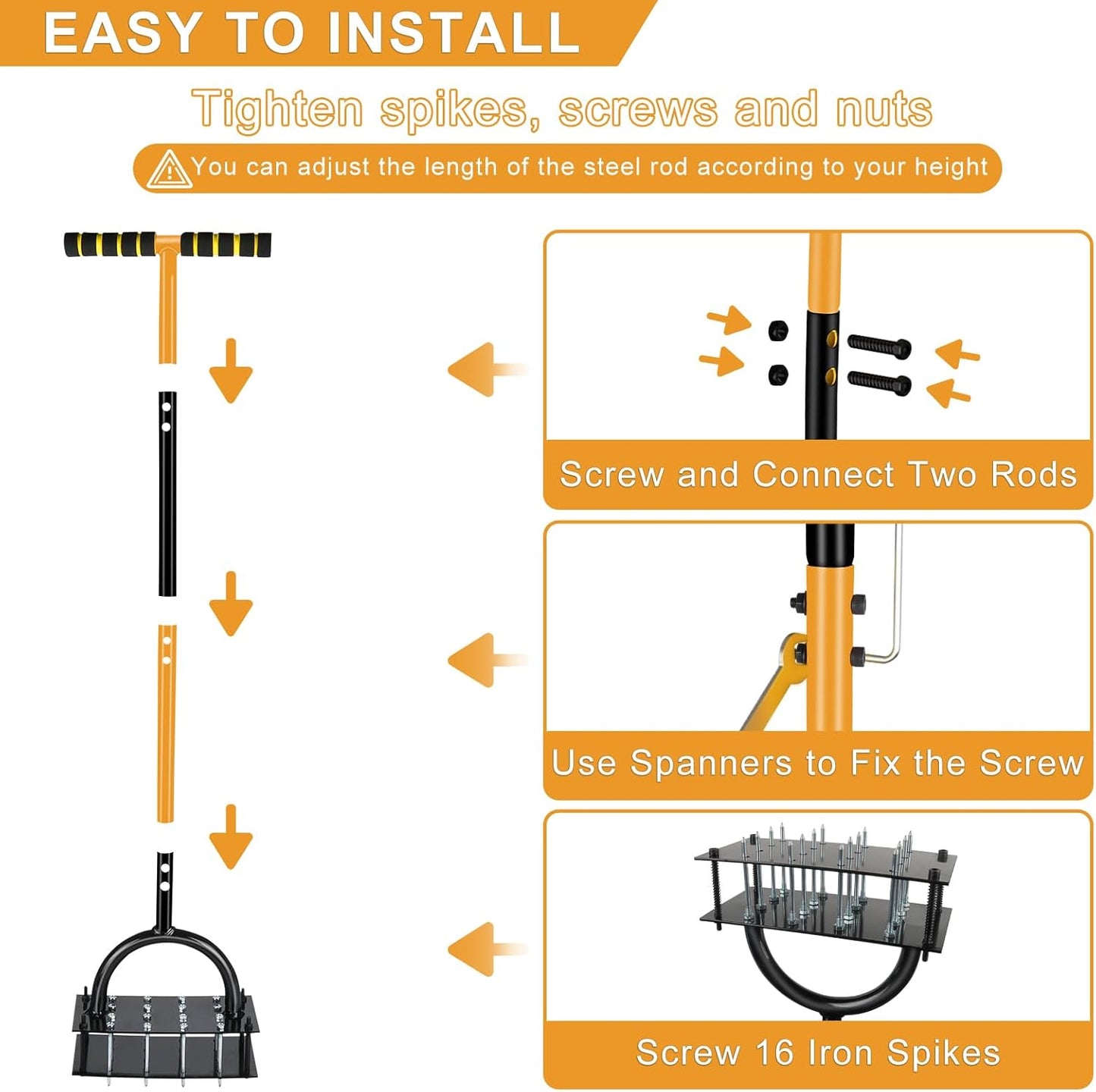 Manual Lawn Aerator Tool with 16 Steel Spikes, Adjustable T-Handle Hand Aerator Lawn Tool with 4-Spring Self-Cleaning Design for Soil Loosening & Grass Root Growth in Lawn, Garden & Backyard