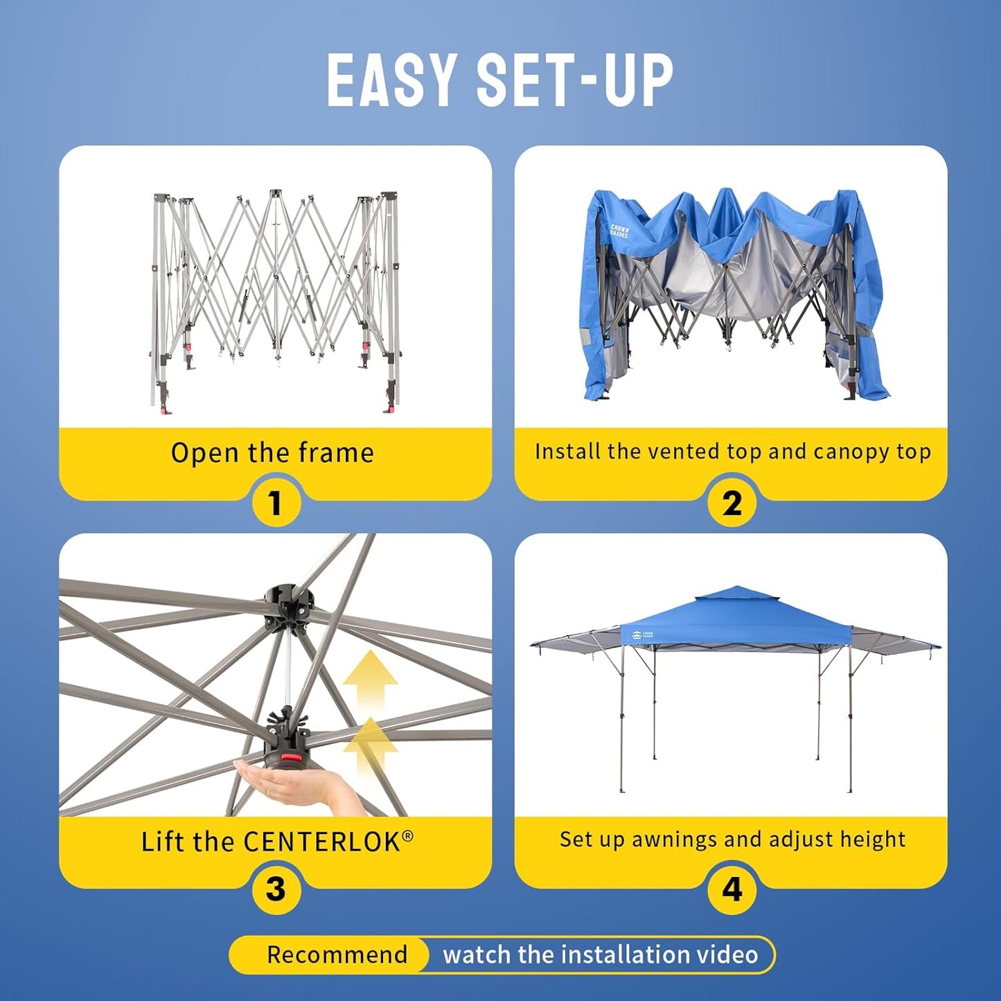 CROWN SHADES 10x10 Pop up Canopy Tent Patended Centerlock Instant Commercial Canopy with 150D Silver Coated Fabric Including 2 Extend Awnings, 4 Ropes, 8 Stakes, 4 Weight Bags, STO 'N Go Bag, Blue